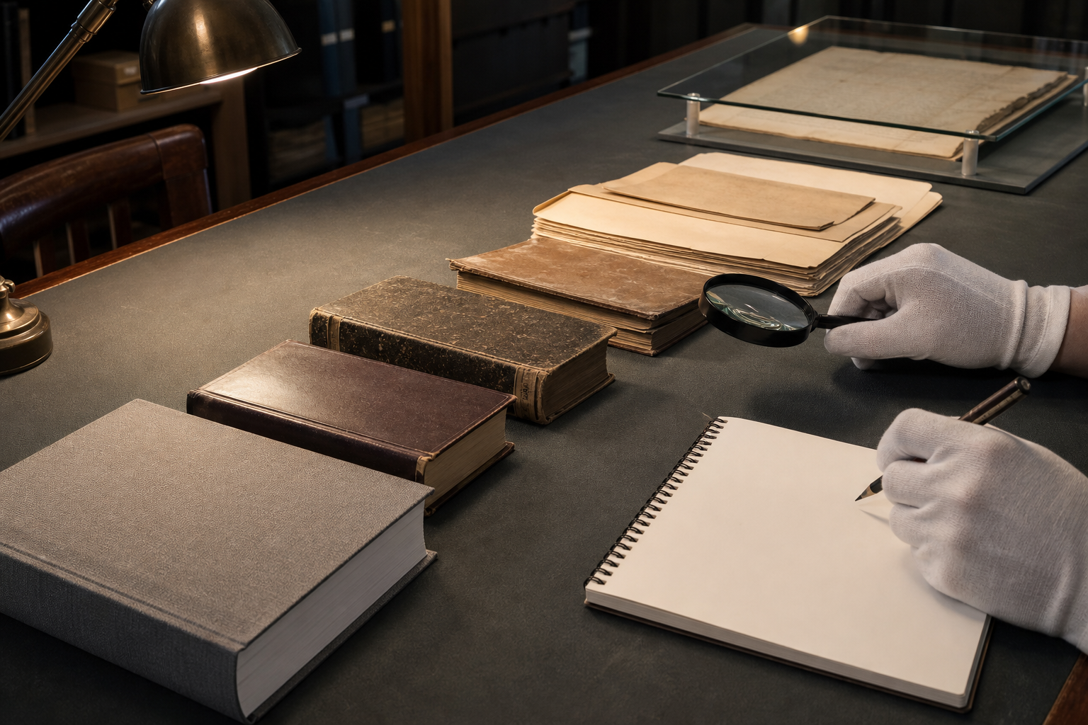 A line of increasingly old books and folders leads from a modern volume to a fragile document under archival glass.