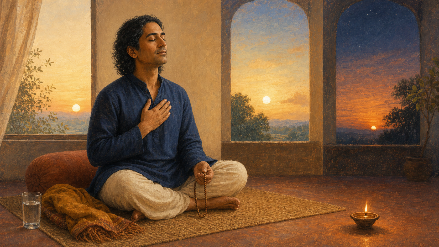 A practitioner sits on a woven mat with prayer beads, a cushion, water, a shawl, and an oil lamp in a softly lit room.