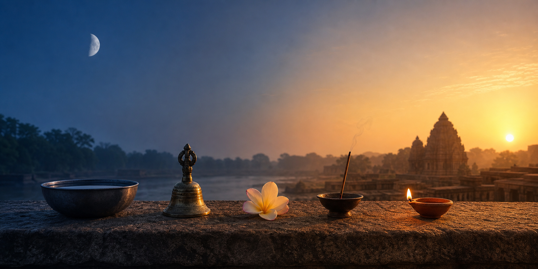 Five ritual objects progress from moonlit predawn toward a sunlit temple horizon, illustrating sacred time as a sequence.
