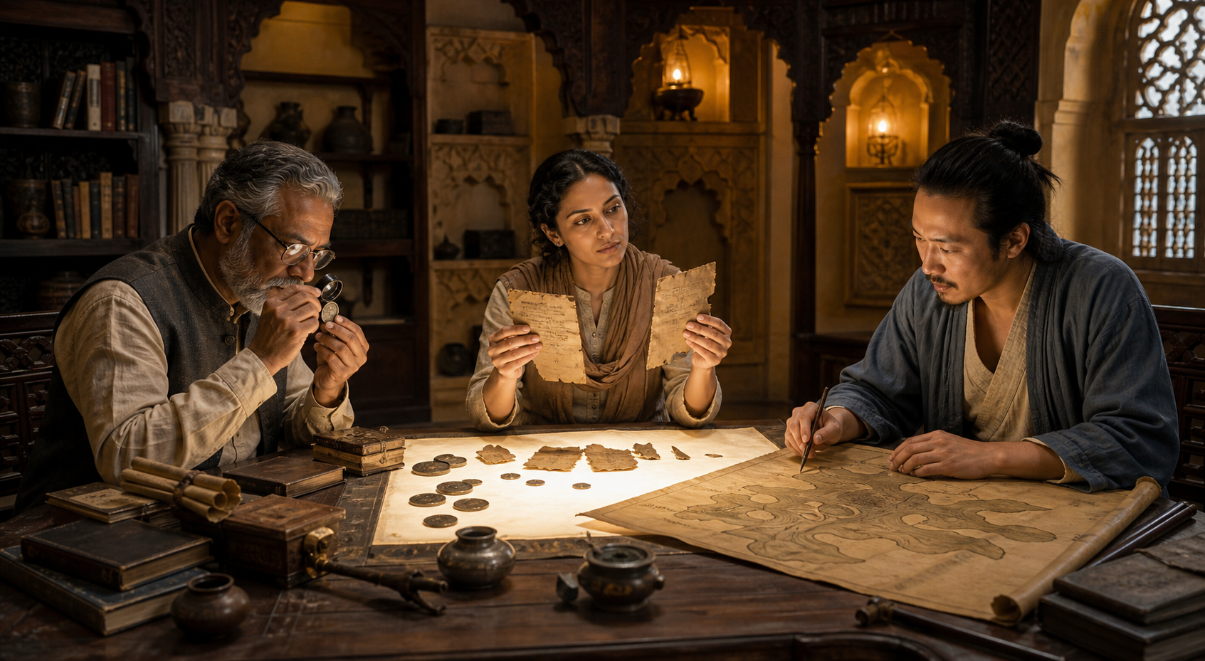 Three fictional scholars calmly examine the same coin, document fragments, and unlabeled map around a shared table.