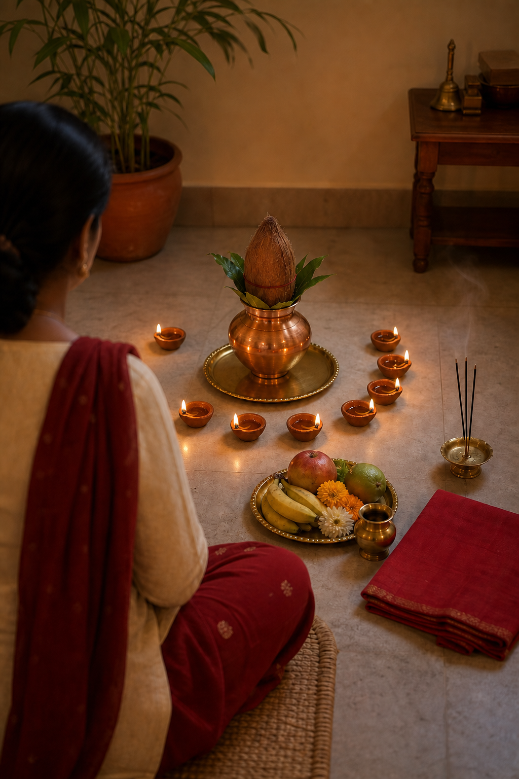 A devotee sits before a simple home shrine with nine earthen lamps, a copper kalash, fruit, and flowers.
