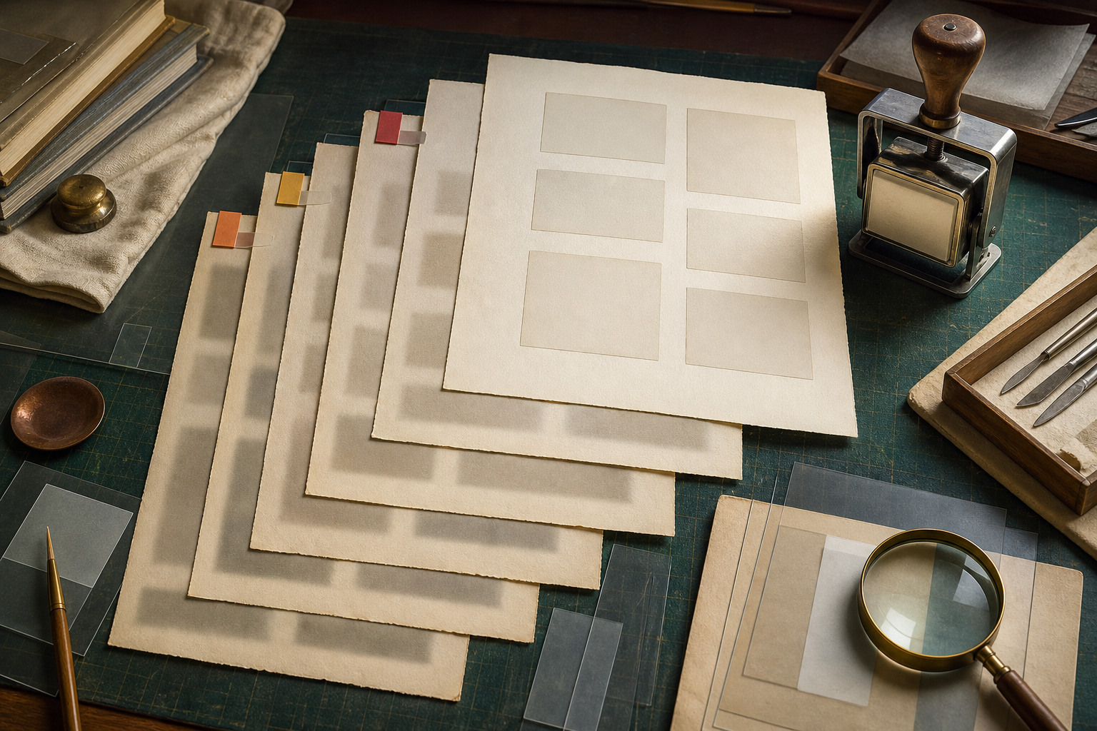 Layered document versions, transparent overlays, tabs, and a magnifying glass show an orderly sequence of revisions on a conservation table.