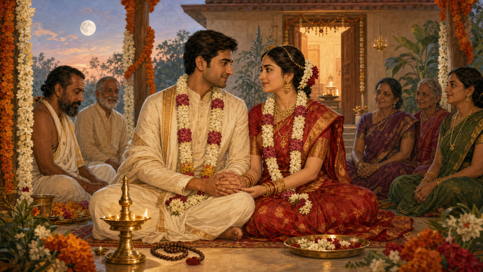An Indian couple sits together beneath a flowered wedding mandapa, with family members, a priest, a brass lamp, and a warmly lit household doorway around them.