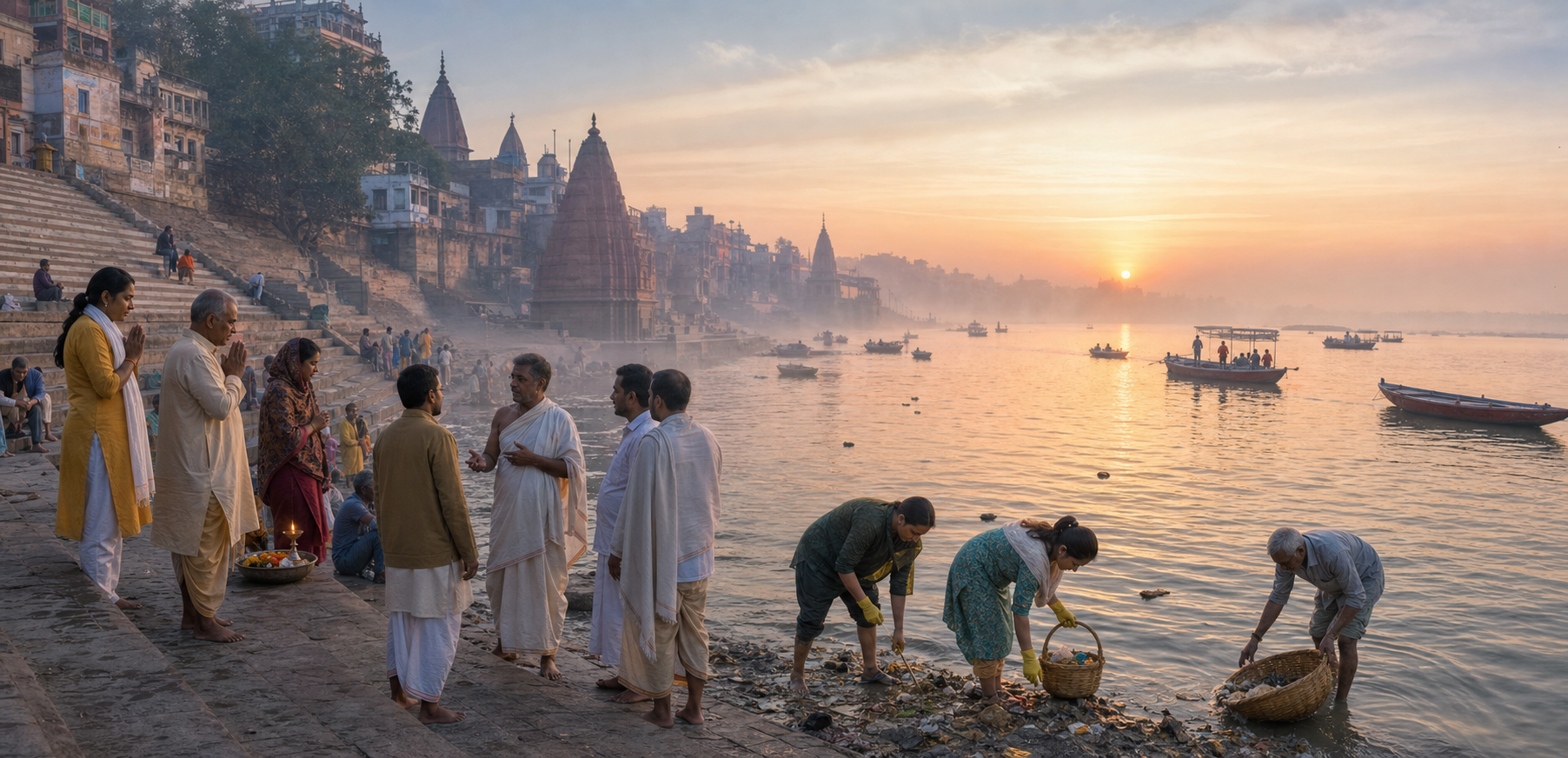 Pilgrims pray, speak with local guides, and collect litter beside a sacred river ghat at dawn.