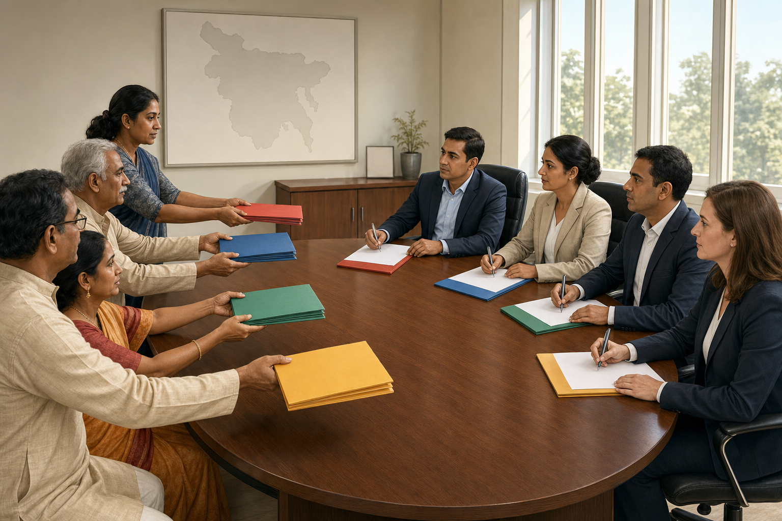 Hindu community delegates distribute blank case folders to a local administrator, police liaison, legal officer, and human-rights observer at a civic roundtable.