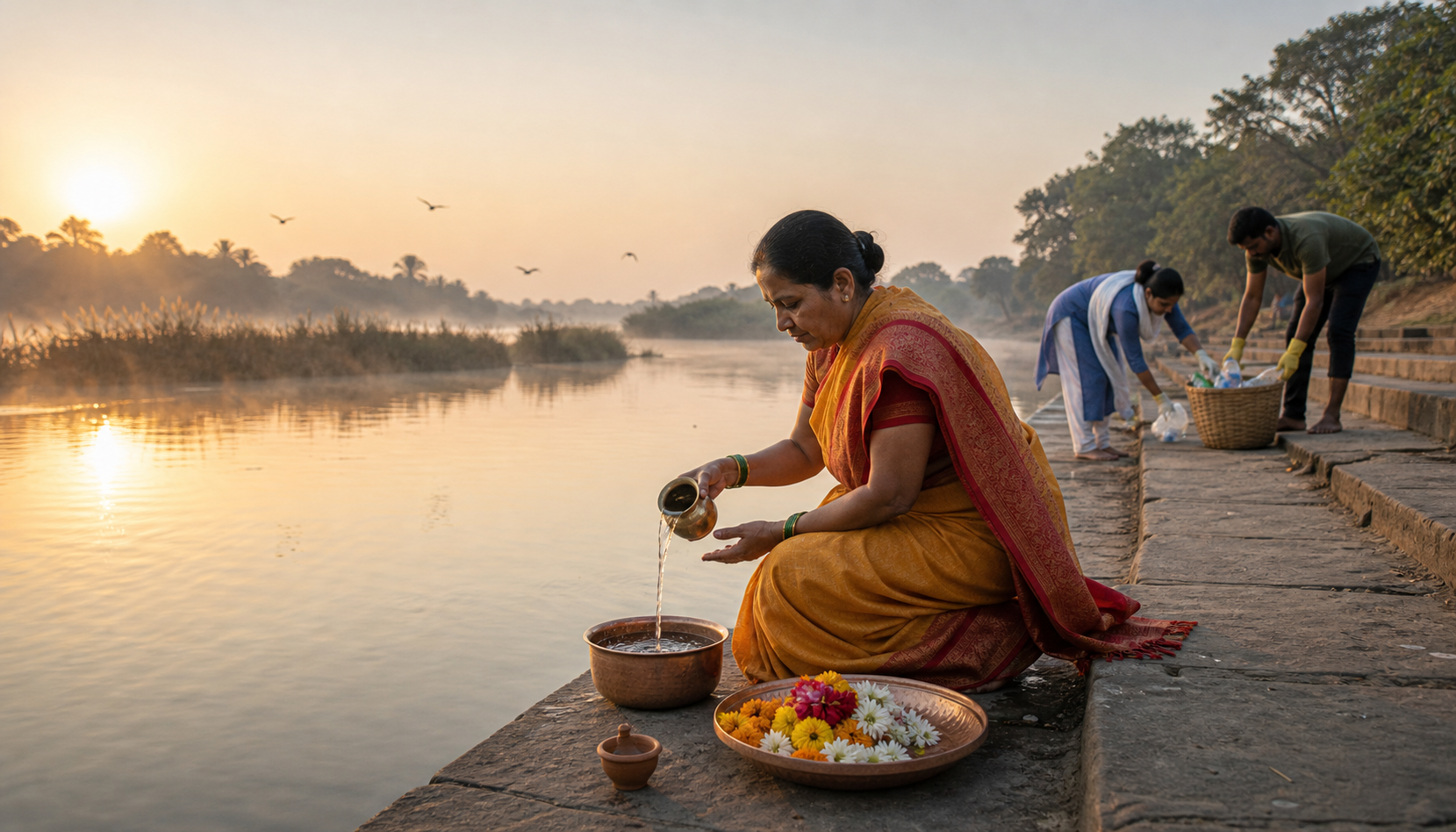 A worshipper performs a water ritual on a clean riverbank while volunteers collect plastic waste nearby.
