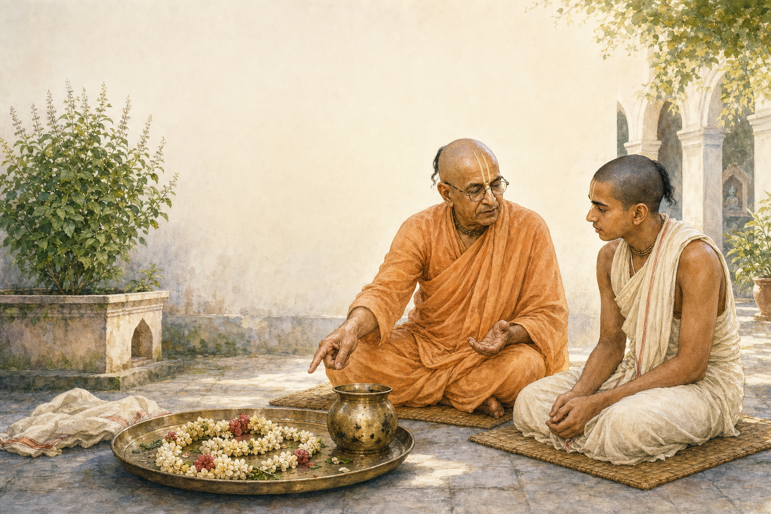 An elderly Vaishnava teacher speaks privately with a younger volunteer beside a carelessly prepared service tray in a monastery courtyard.