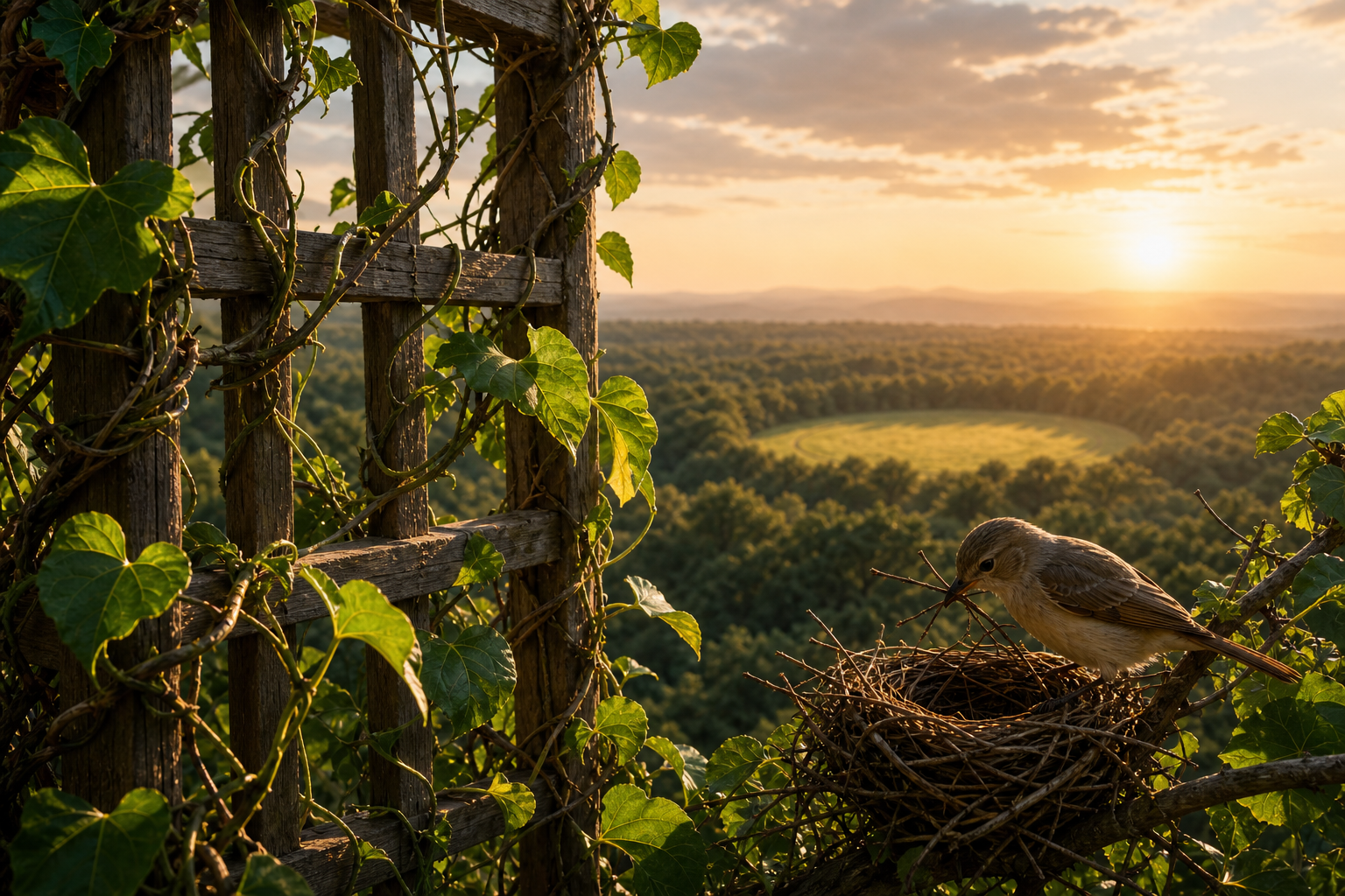A vine responds to a lattice and a bird builds a nest in the foreground, while an open luminous horizon remains in the distance.
