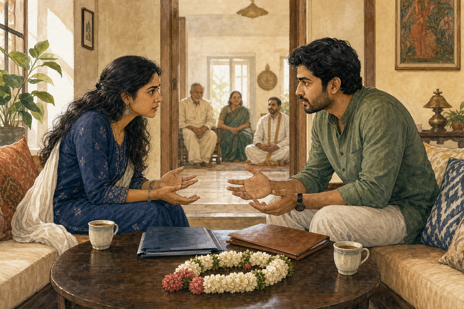 An Indian couple talks face to face at a low table while several elders and a priest wait in the adjoining room.