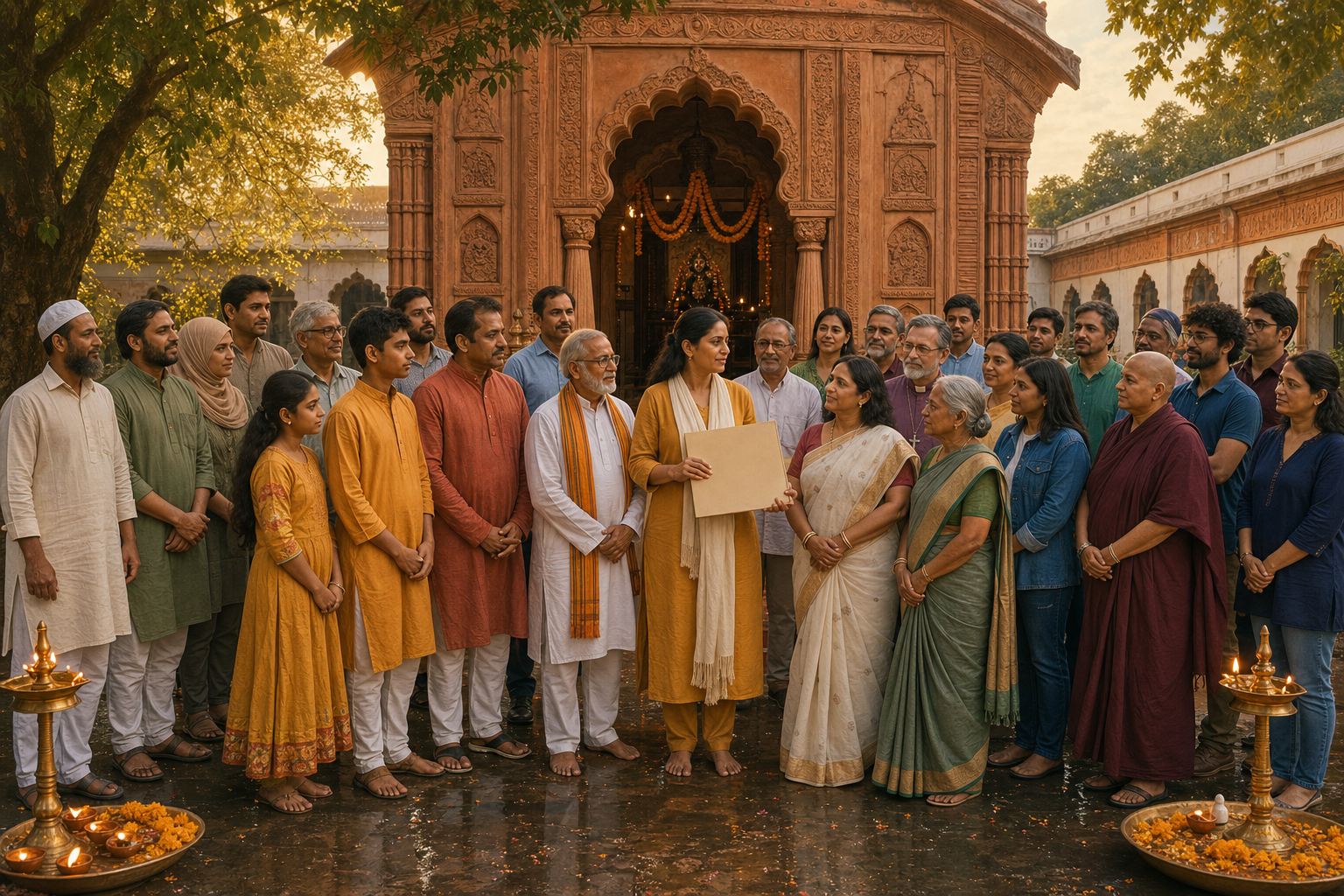 Hindu community members stand at the center of an interfaith and civic coalition gathered in the courtyard of a Bengali temple.