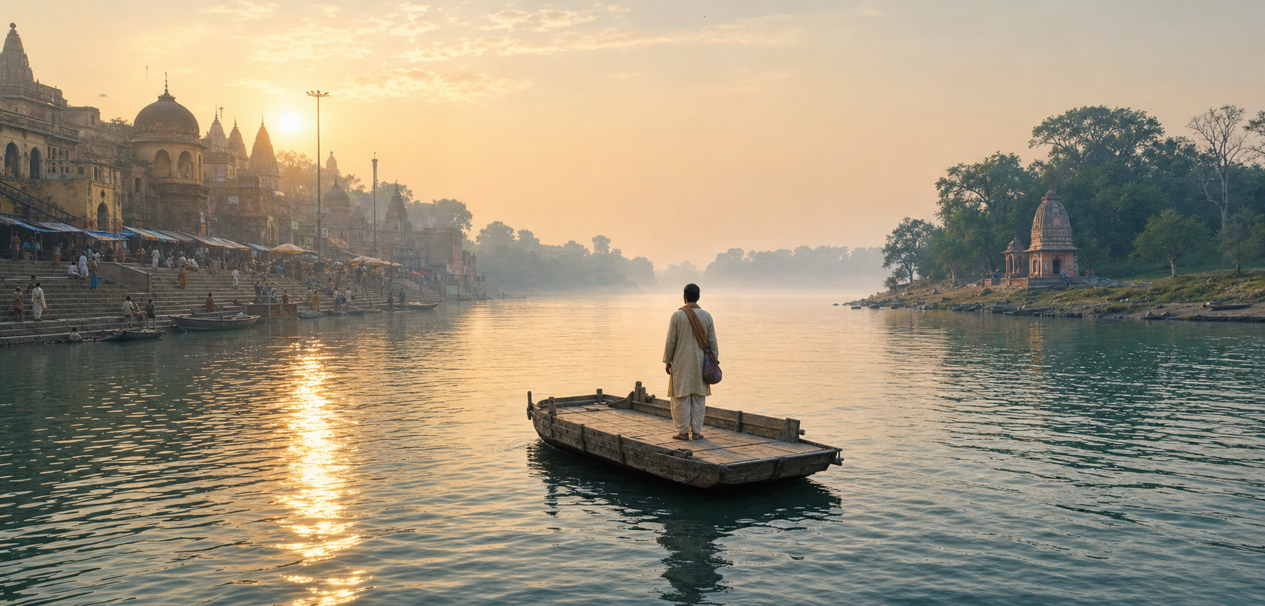 A pilgrim stands on a small ferry crossing a river between a busy ghat and a quiet grove.