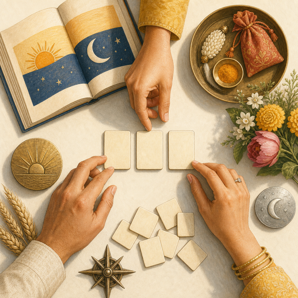 Hands arrange three blank date tiles beside an open illustrated almanac, sun and moon discs, flowers, grains, and wedding objects.