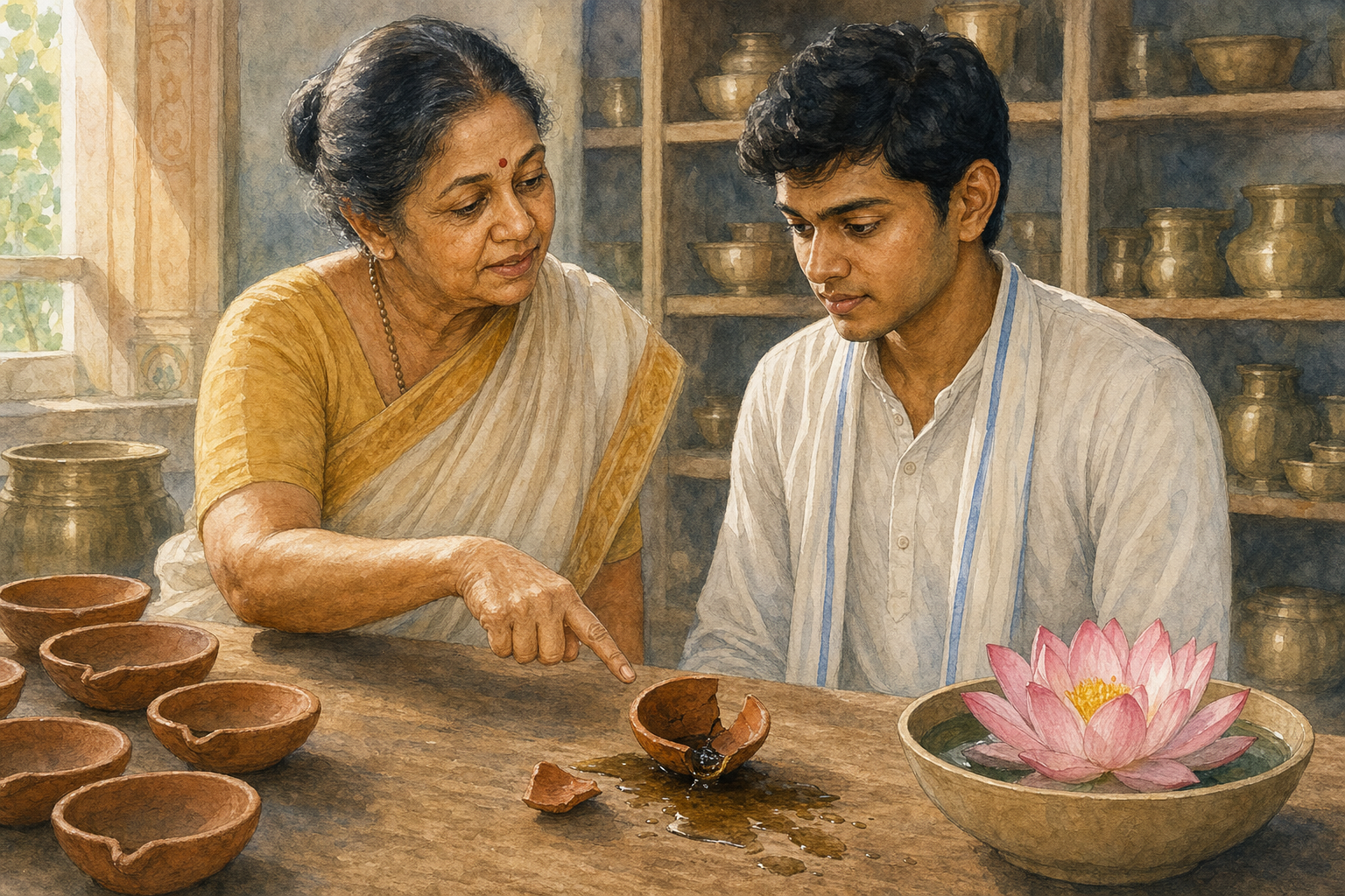 A senior devotee points to a cracked lamp and spilled oil while speaking calmly with a younger volunteer in a temple workshop.