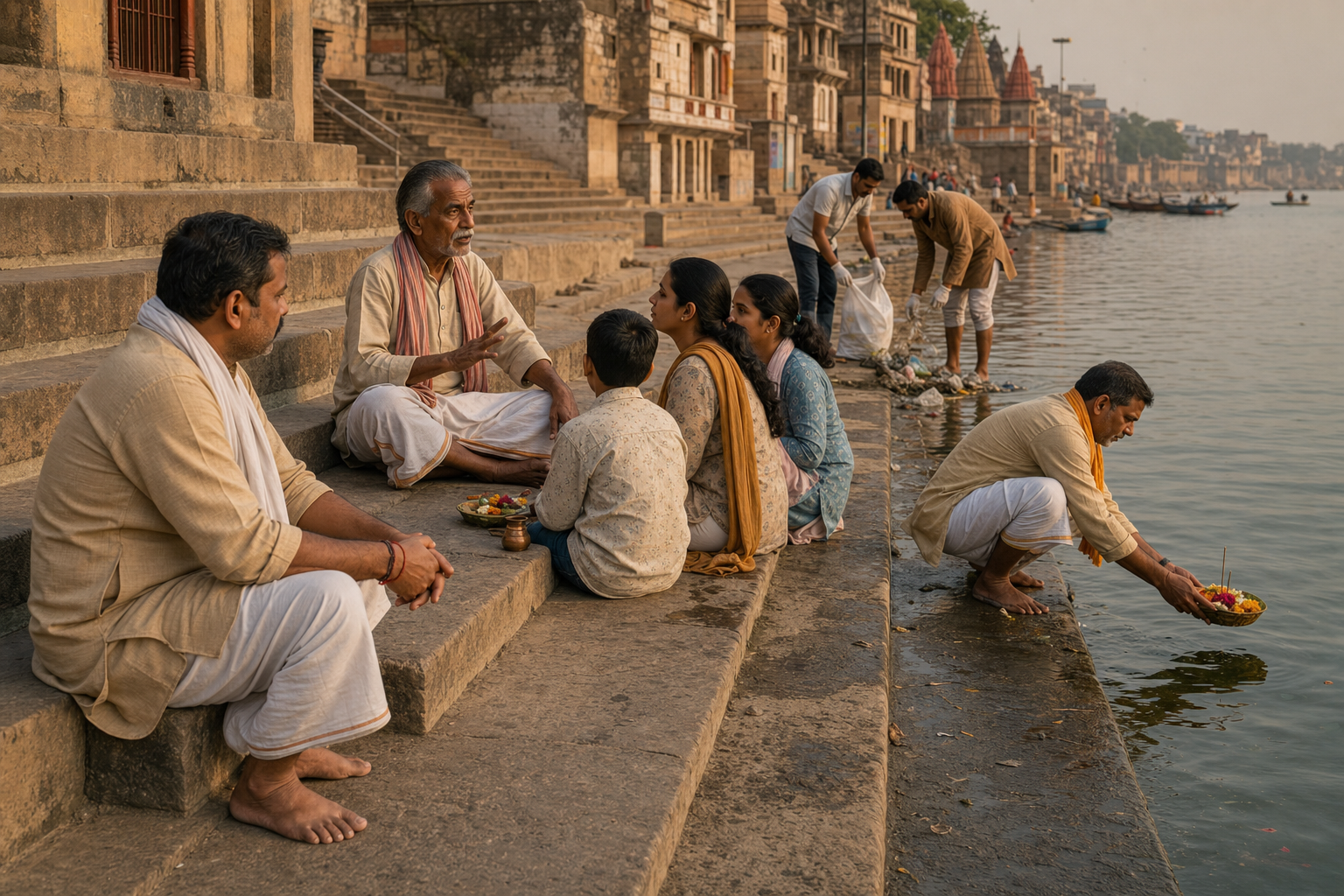 Pilgrims reflect, listen to a local guide, make a river offering, and remove litter at a stone ghat.