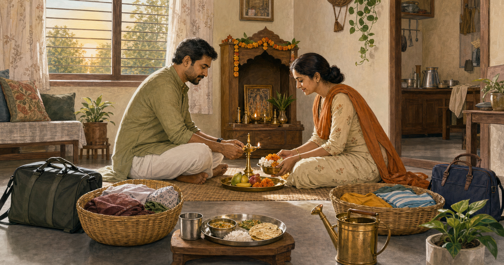 An Indian couple lights a lamp and prepares flowers and fruit at a small home shrine, with a meal, plant, work bags, and household baskets nearby.