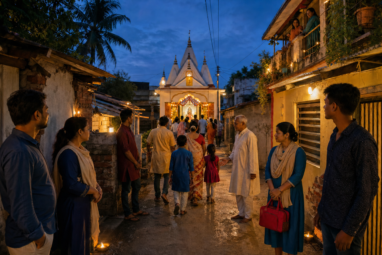 Unarmed community volunteers keep a well-lit path open as Hindu families arrive at a neighborhood temple at dusk.
