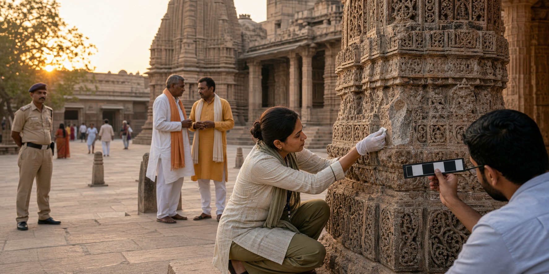 A conservator, volunteer, public-safety officer, and community custodians calmly document and protect a carved pillar in a historic temple courtyard at dawn.
