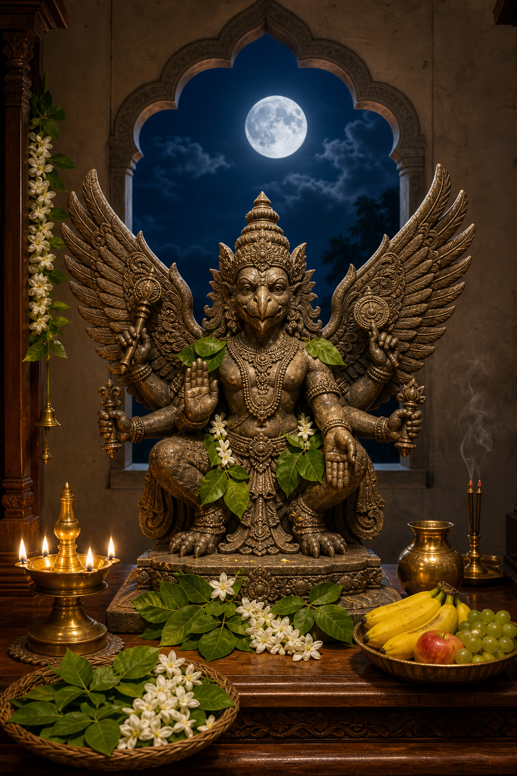 A winged, leonine Sharabha murti stands in a home shrine with bilva leaves, jasmine, fruit and a brass lamp beneath a full moon.