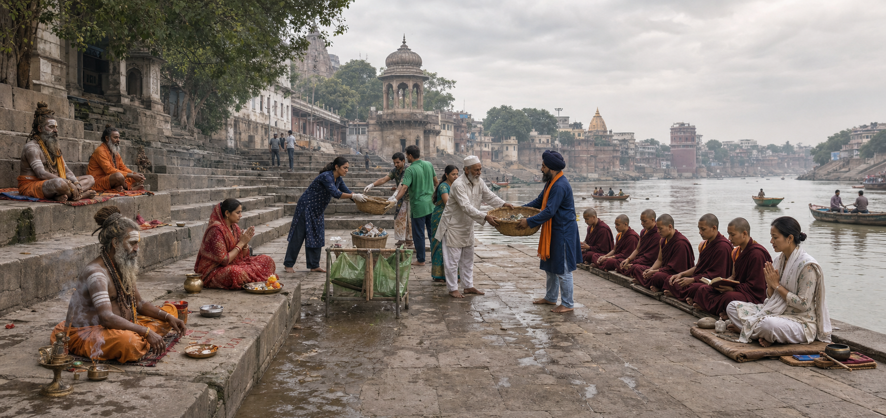 Distinct groups of pilgrims observe their own practices while working together to care for the riverbank.
