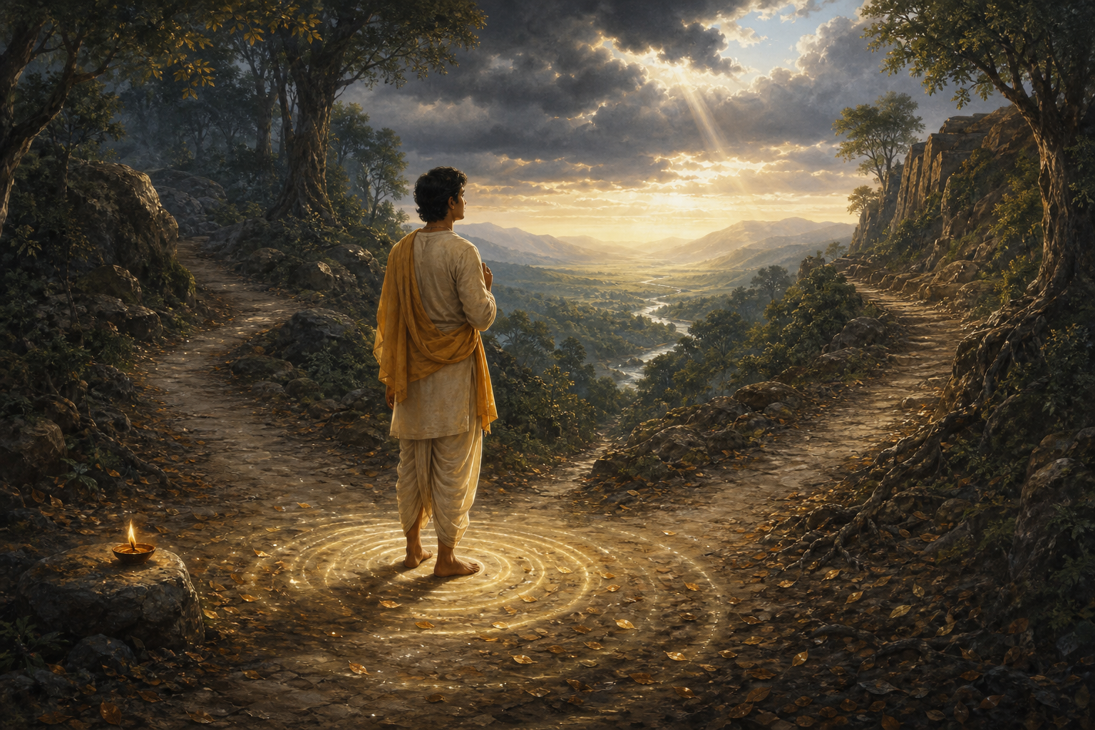A traveler pauses at a fork in a forest path as light ripples outward from their feet beside a glowing oil lamp.