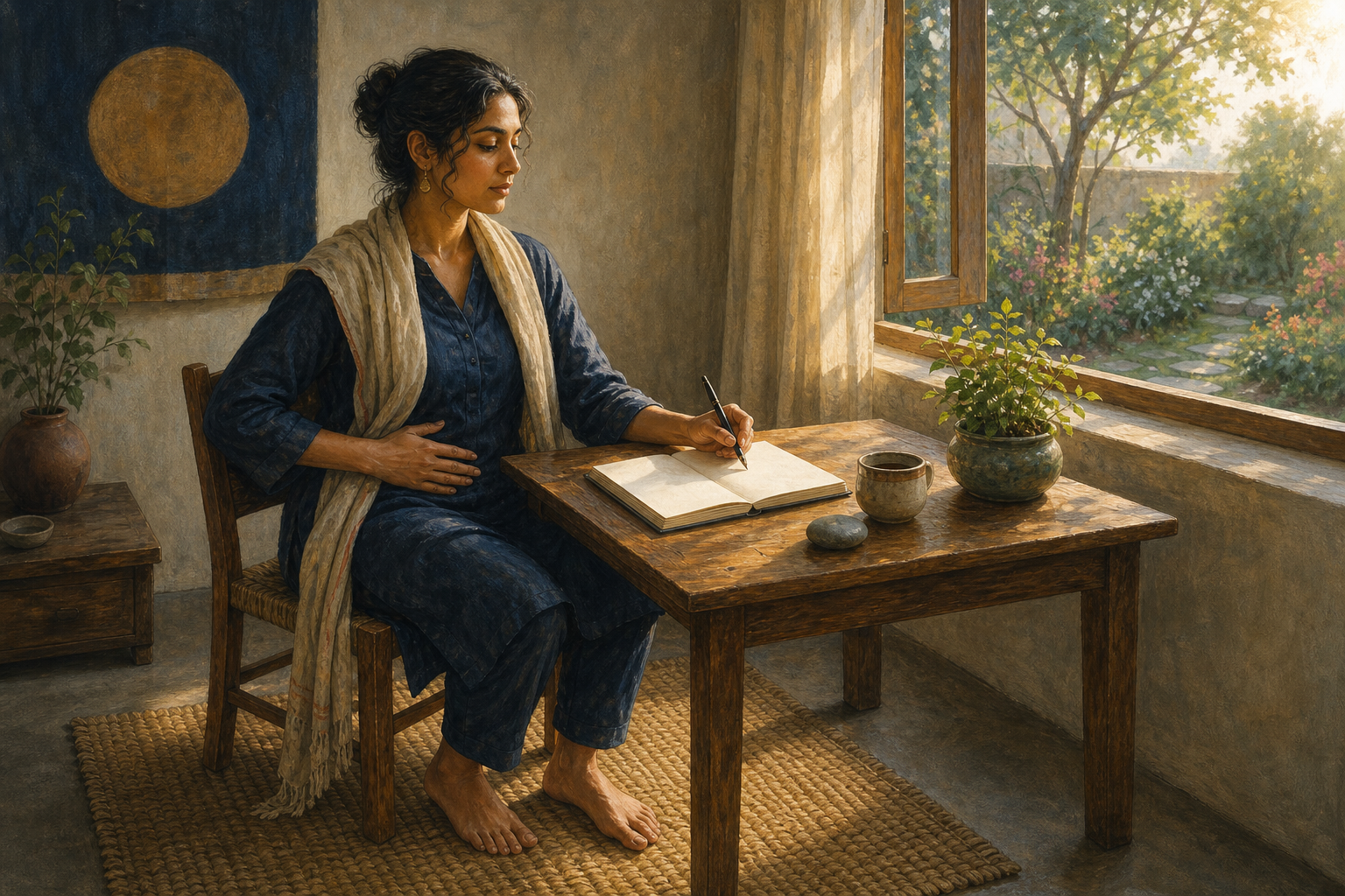 A seated adult pauses over a blank notebook with one hand on their ribs and both feet grounded on a woven mat beside a sunlit window.