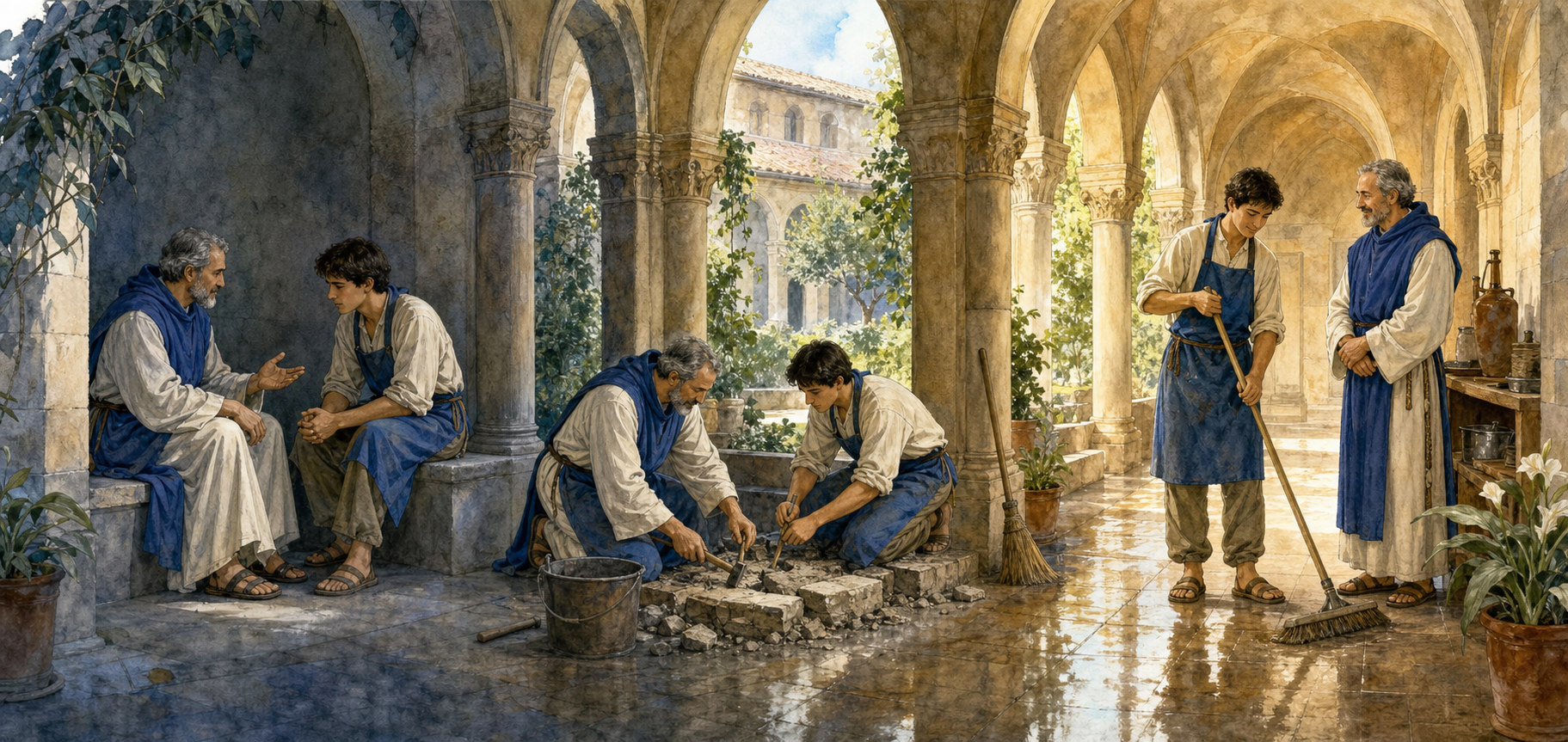 A continuous cloister scene shows a mentor and volunteer speaking privately, repairing a service area together, and later reviewing the restored work.