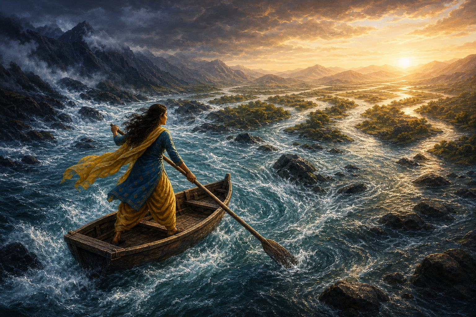 A woman steers a wooden boat through a strong river current toward several open channels in a sunlit valley.