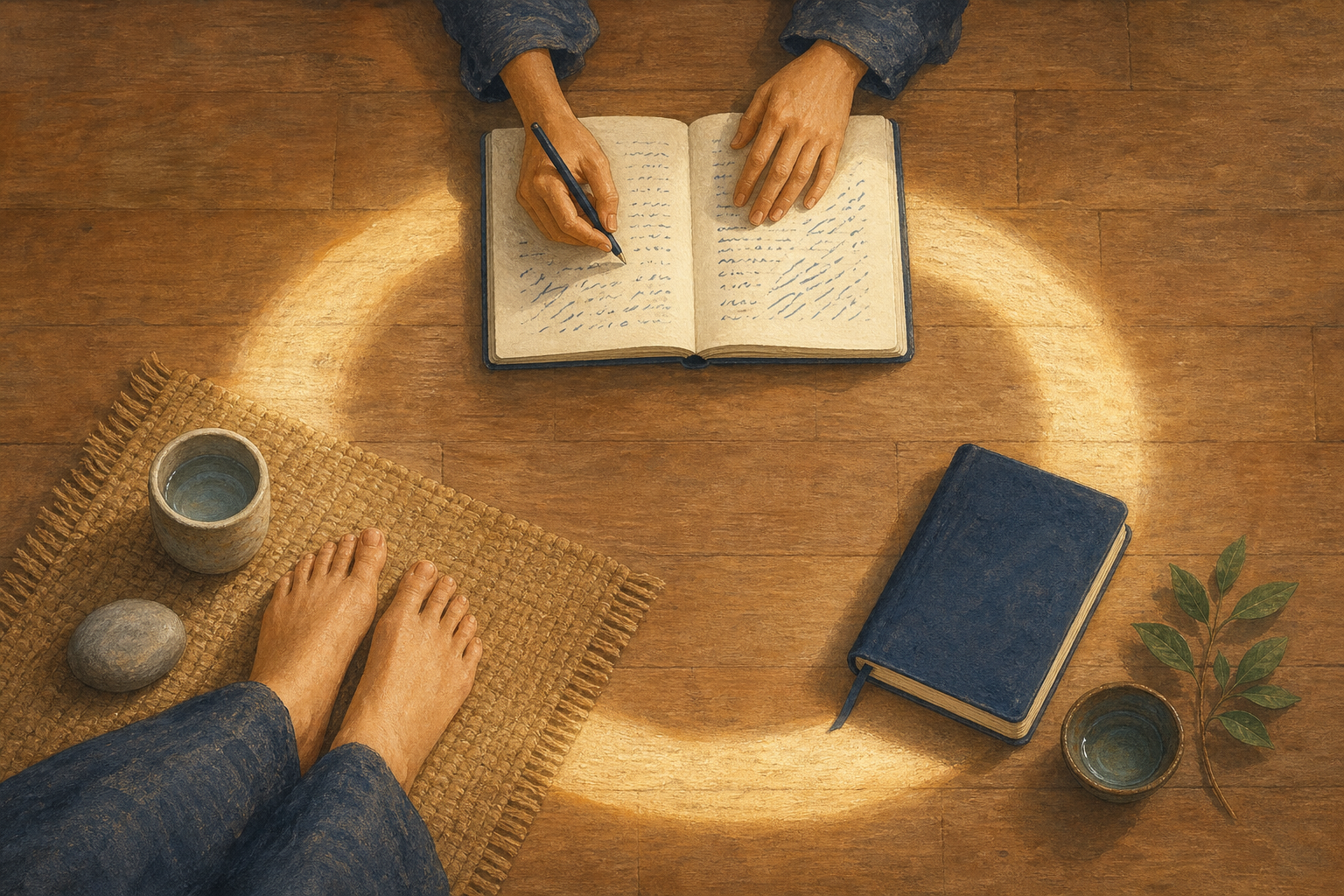 An overhead circular arrangement shows grounded feet, hands writing in a notebook, and the notebook closed beside water and a green sprig.