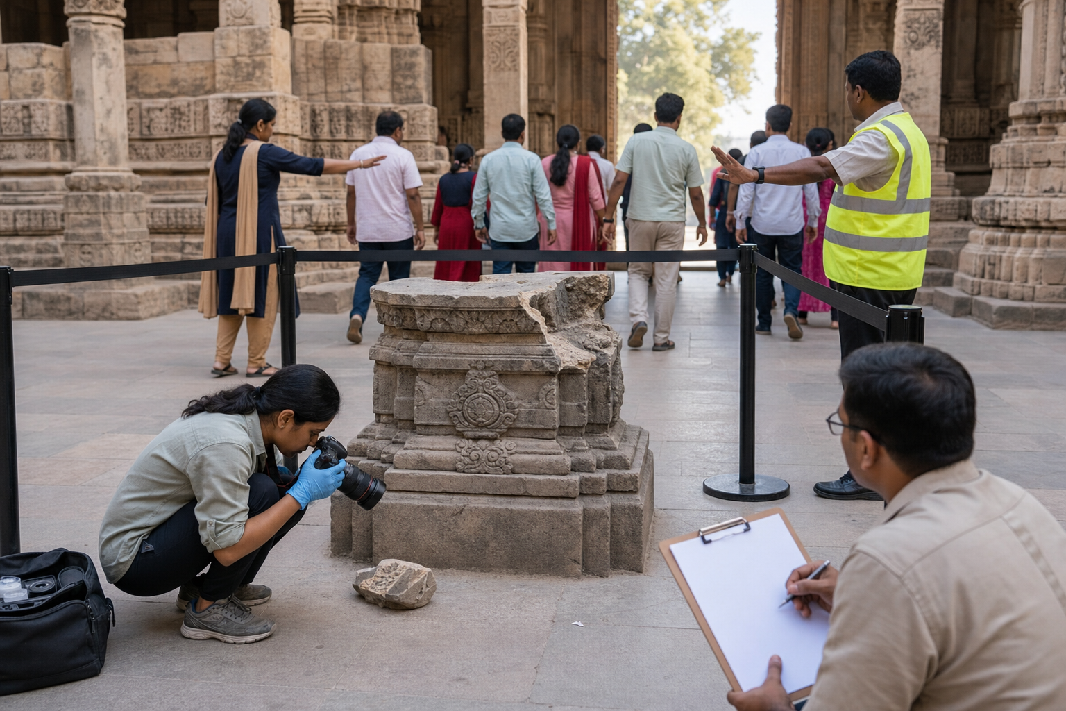 Volunteers and a safety officer keep visitors back while a heritage professional documents a detached stone fragment in a temple courtyard.