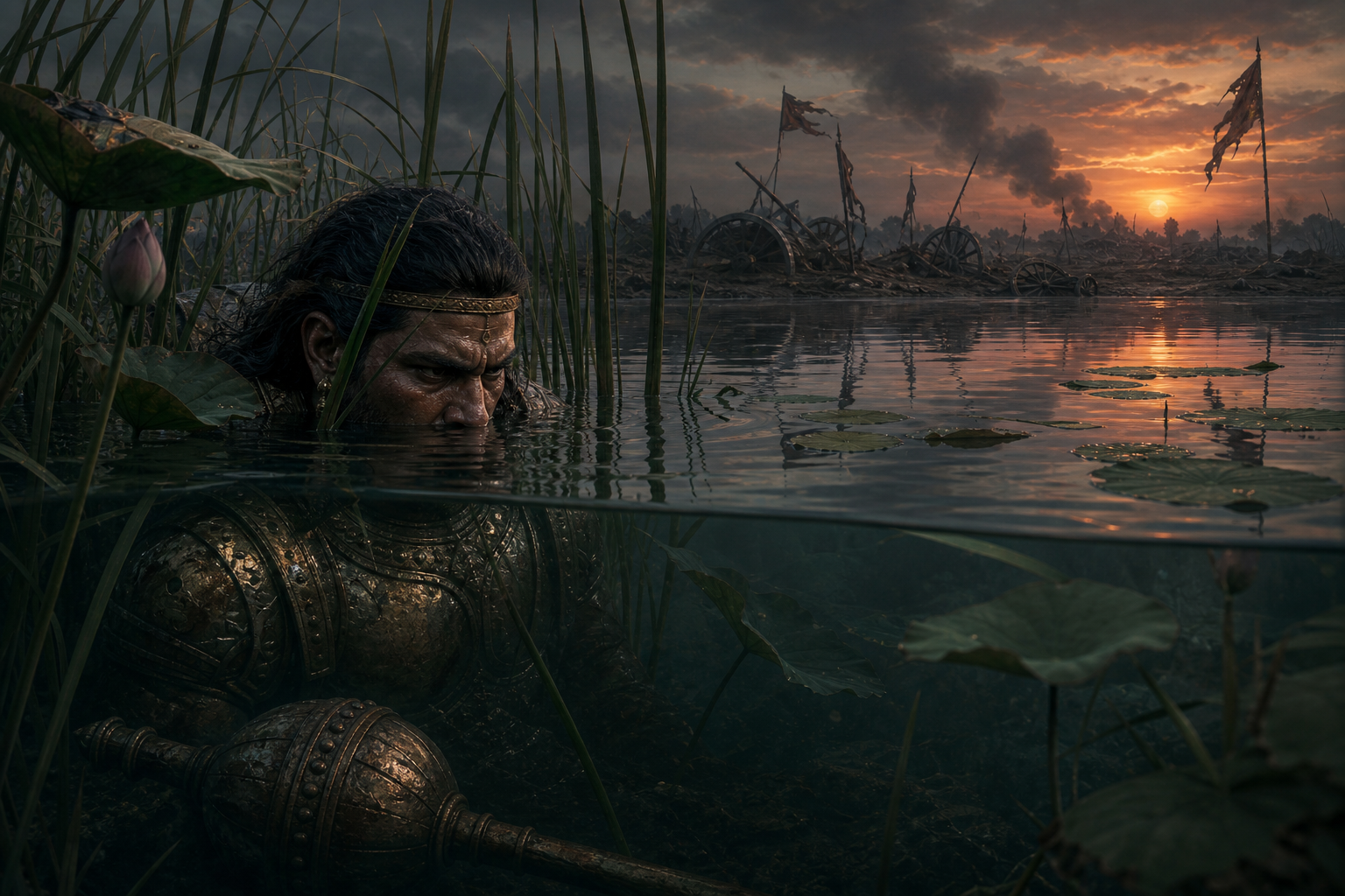 An exhausted armored warrior hides among reeds in a dark lake while an abandoned battlefield is visible on the distant shore.
