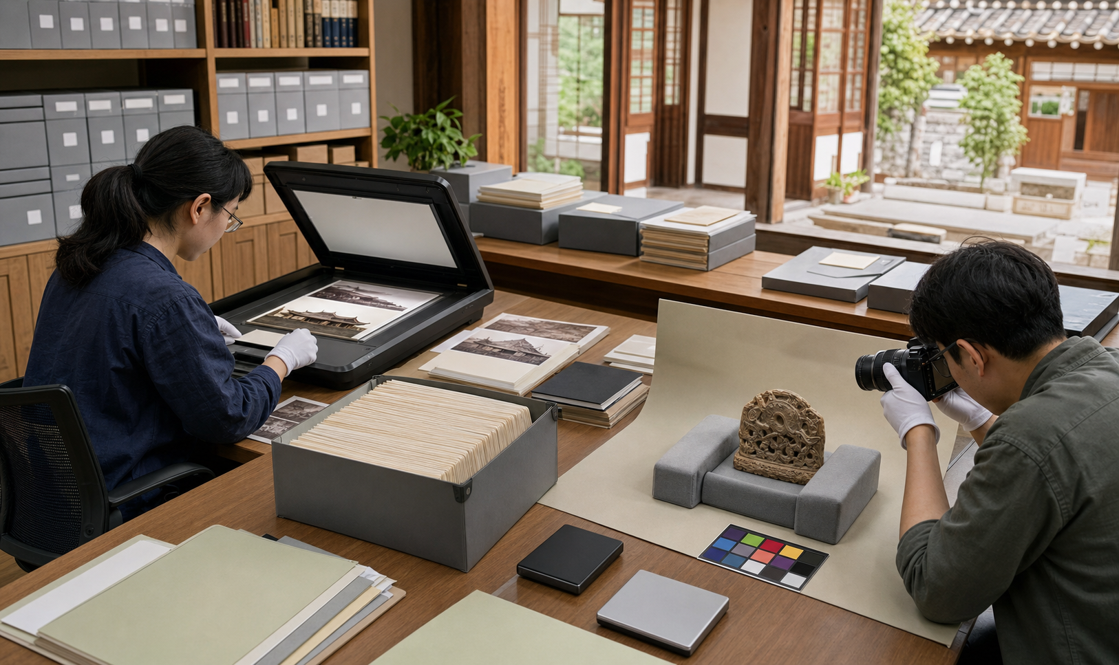 Two archivists digitize photographs and document a small carved artifact among archival folders, storage boxes, and camera equipment.