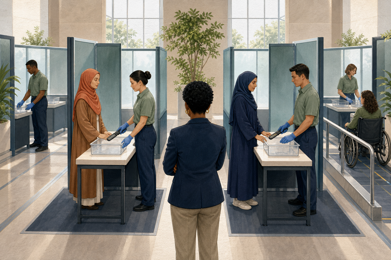 Staff use matching equipment and procedures to screen two candidates at parallel examination entry stations.