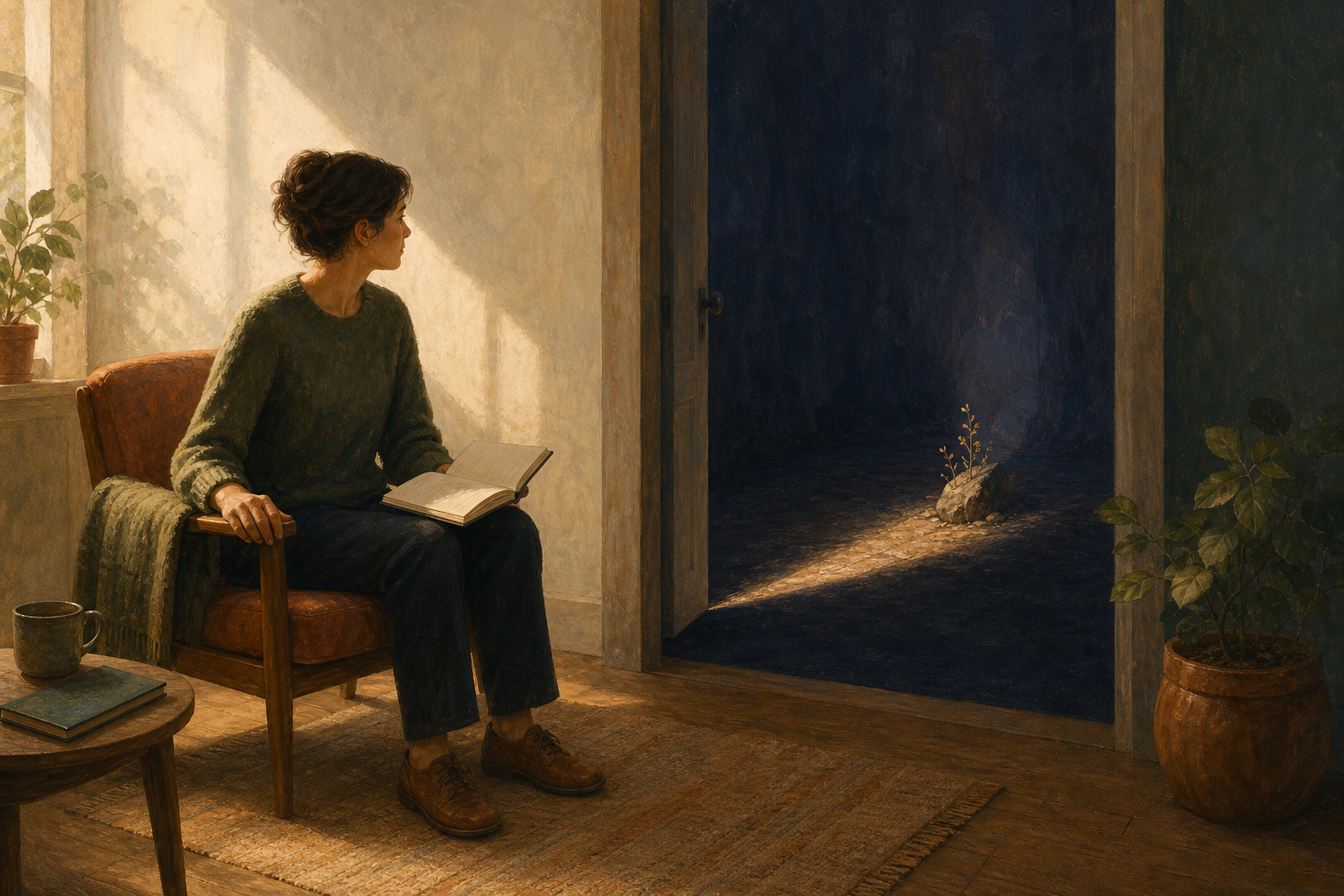 A seated writer remains in a sunlit room while facing a doorway where a narrow strip of light reaches into a darker adjoining space.