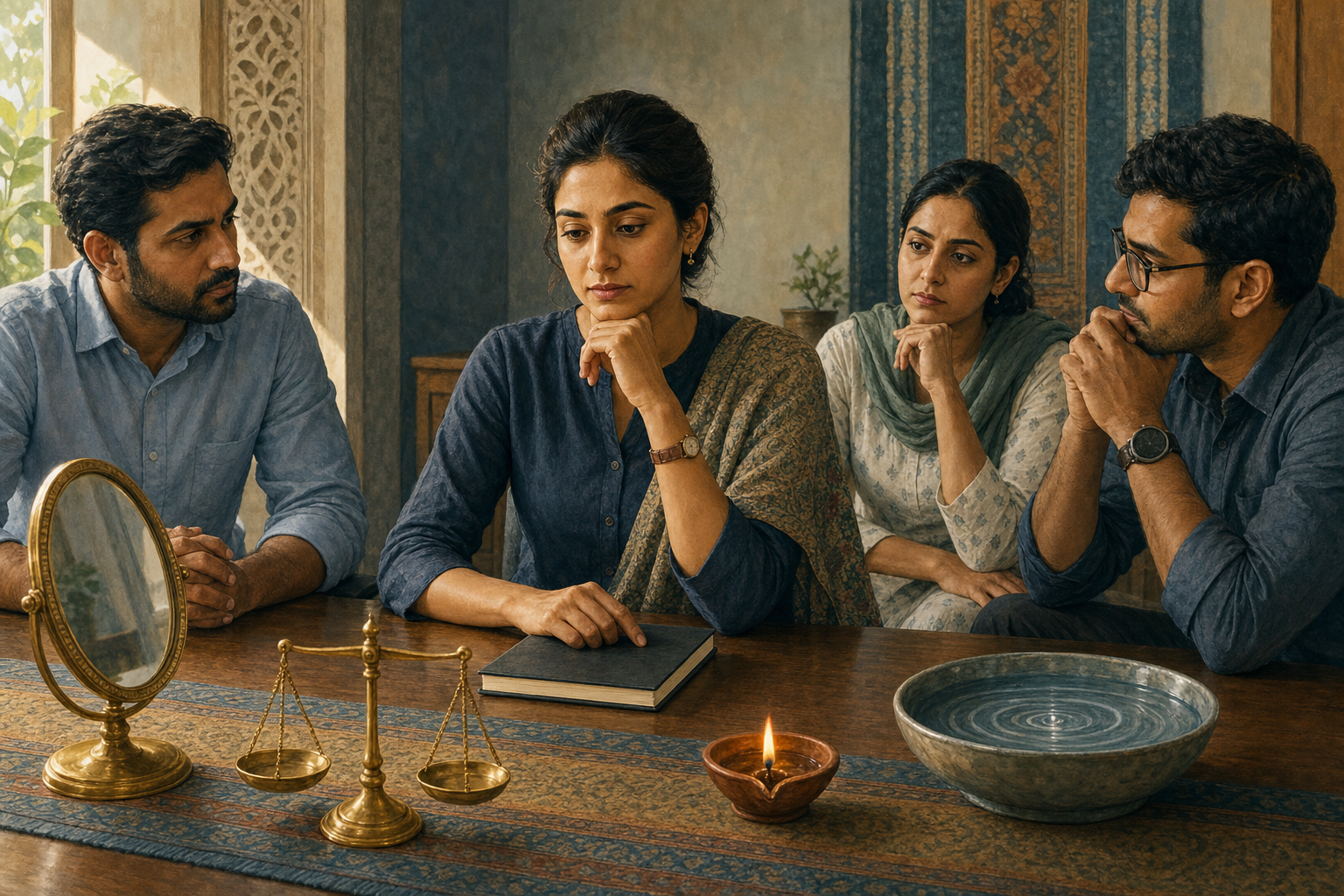 A professional pauses thoughtfully during a meeting beside a mirror, balanced scale, clay lamp, and bowl of rippling water.