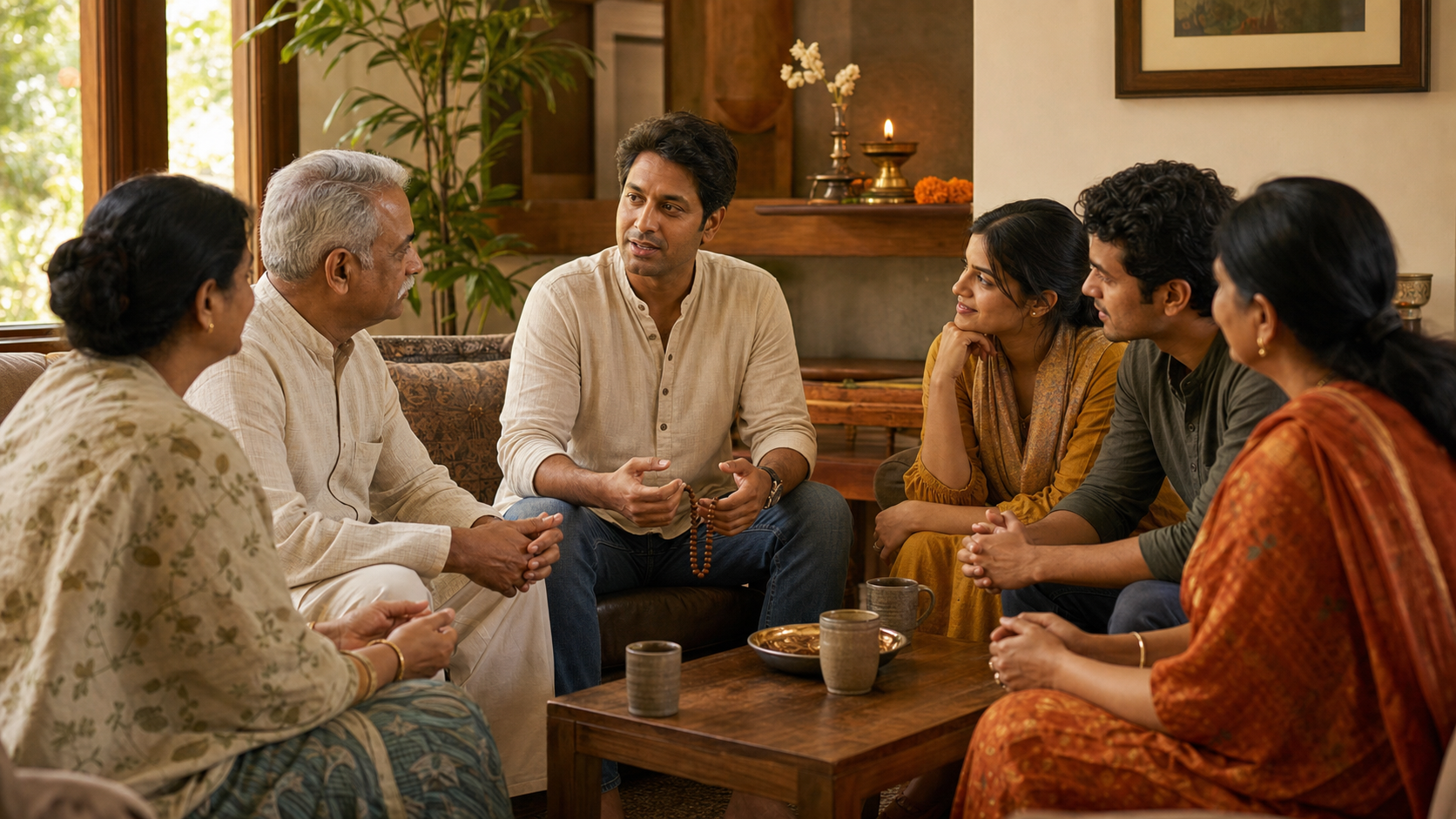 A multigenerational South Asian family has a calm living-room conversation with an adult holding wooden prayer beads.