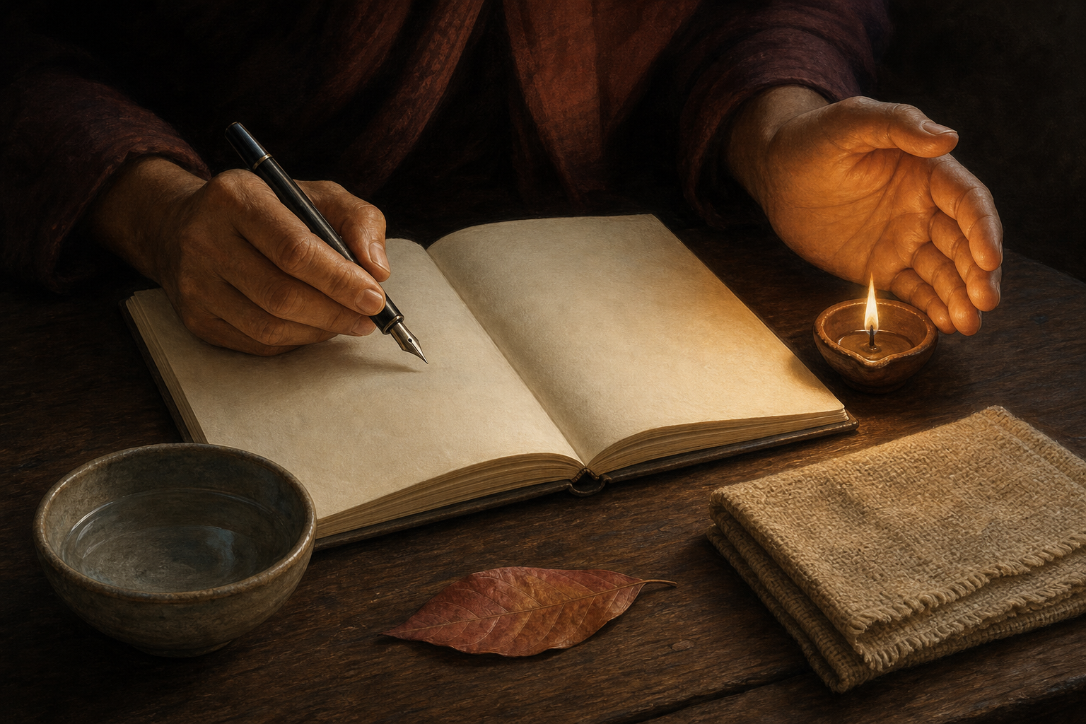 Two hands pause over a blank notebook beside a small oil lamp, a bowl of water, folded cloth, and a fallen leaf.