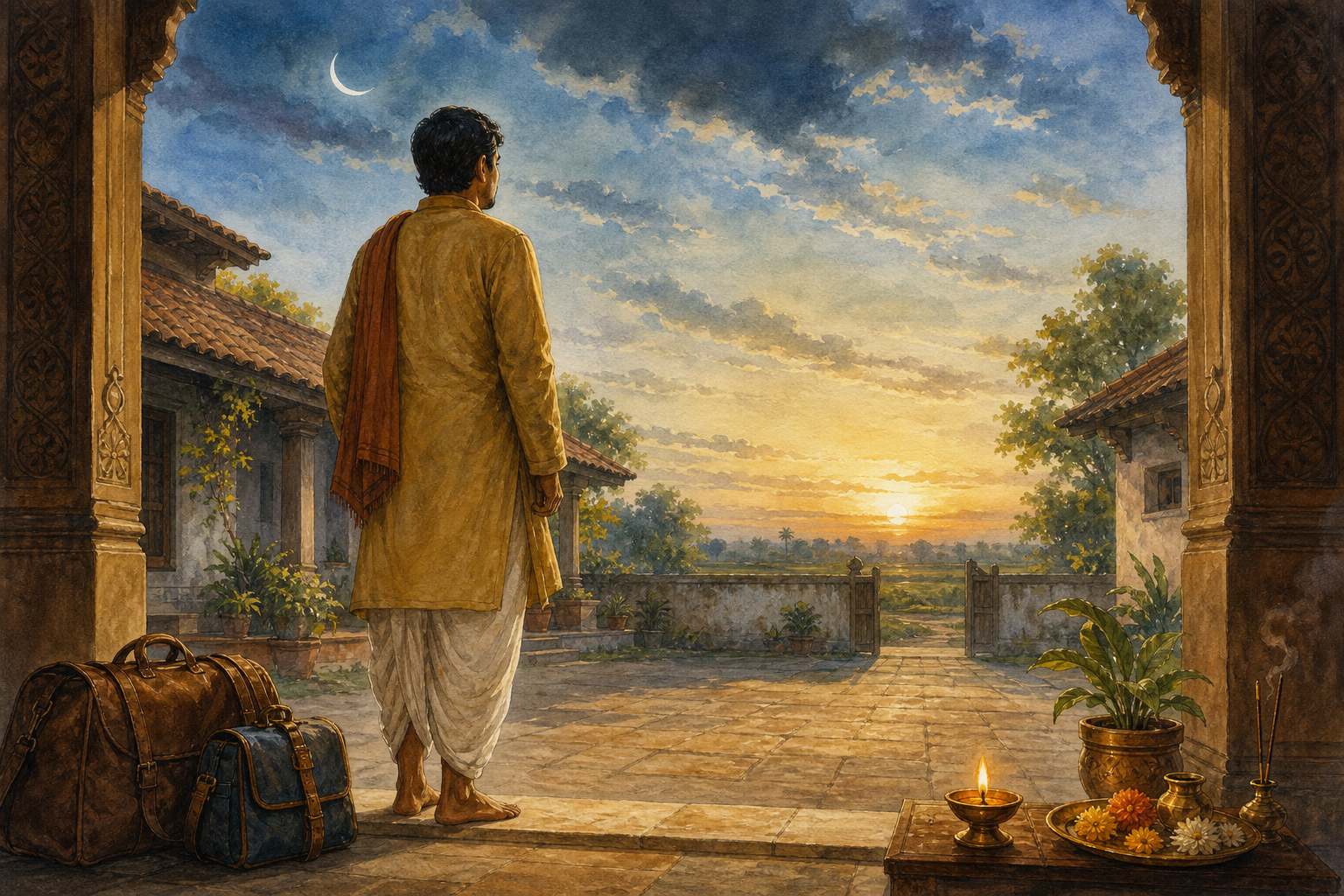 An Indian householder pauses at a courtyard threshold beside travel luggage and a lit oil lamp under a partly clouded moon.