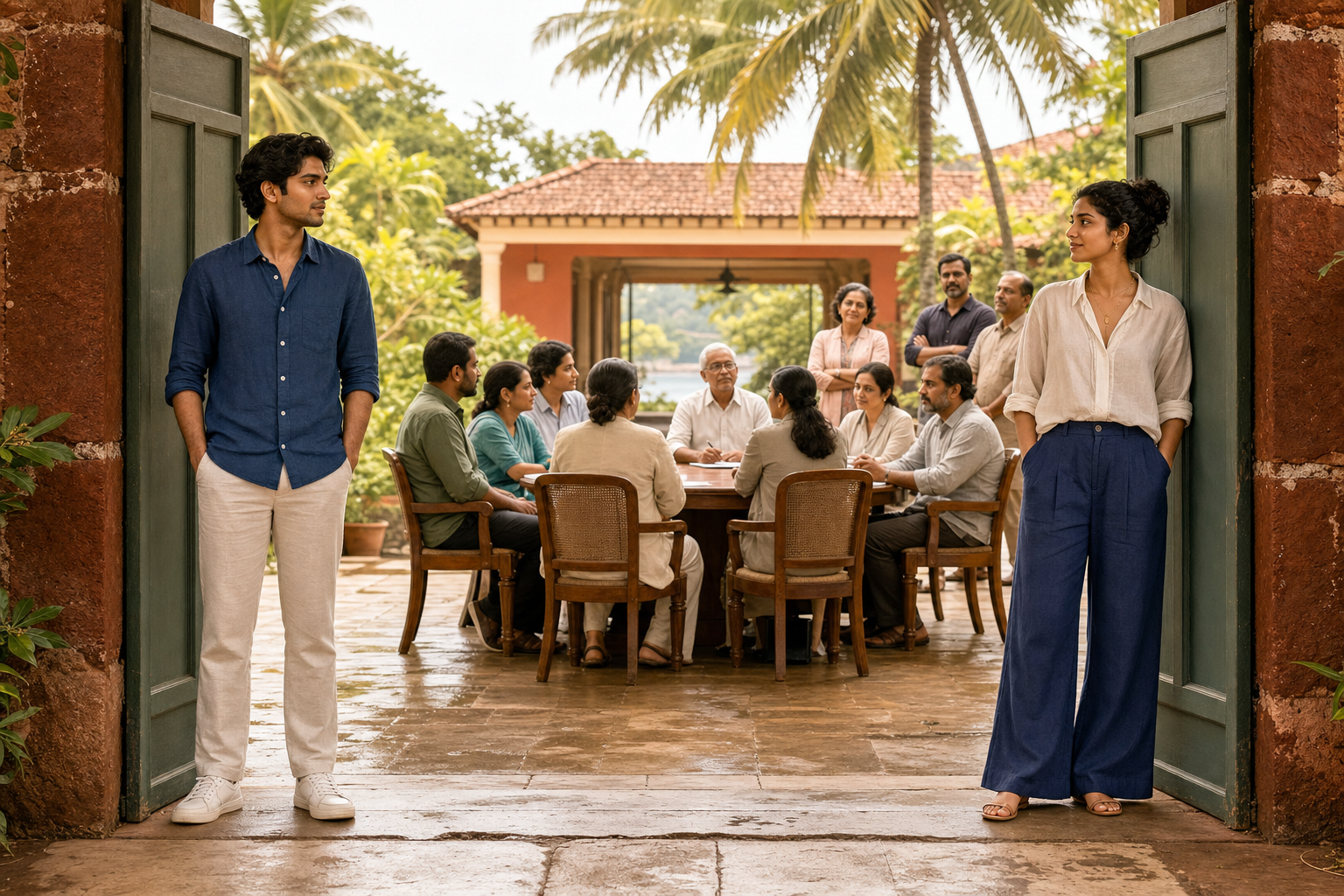 Two young adults stand together in a sunlit Goan civic courtyard while relatives and officials listen around a circular table behind them.