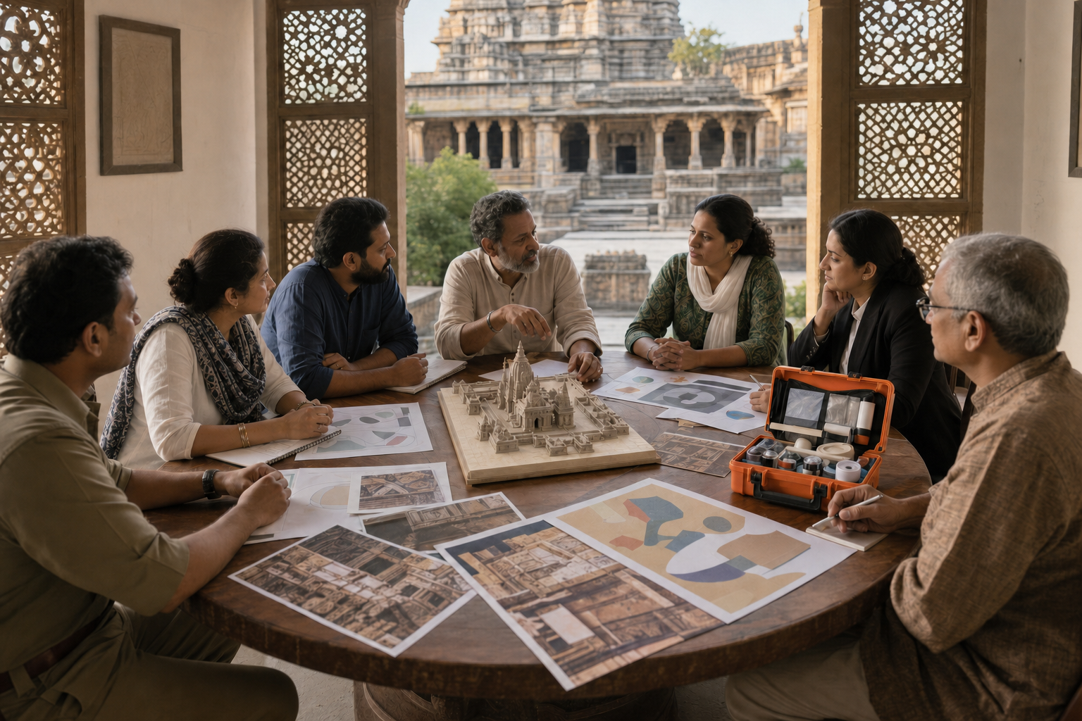 Community custodians, a conservator, a lawyer, an emergency planner, and a safety representative review a temple site model around a circular table.