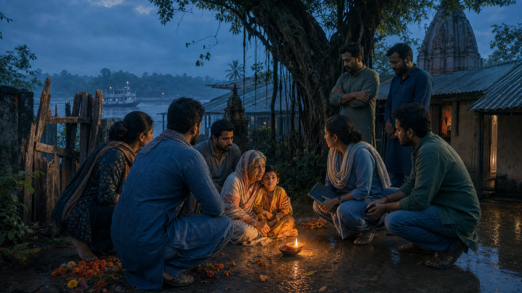 An editorial illustration shows volunteers surrounding an elderly woman and a child beside a lit oil lamp in a damaged temple courtyard in Bangladesh.