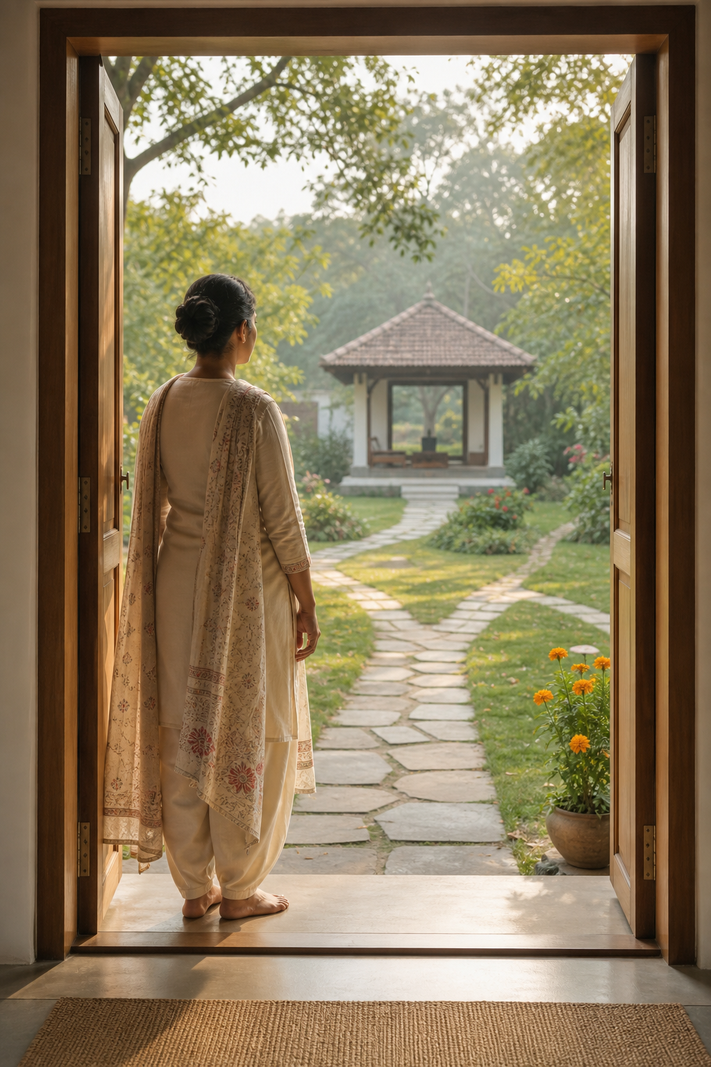 An adult pauses at an open doorway between a home and a sunlit path leading to a meditation pavilion.