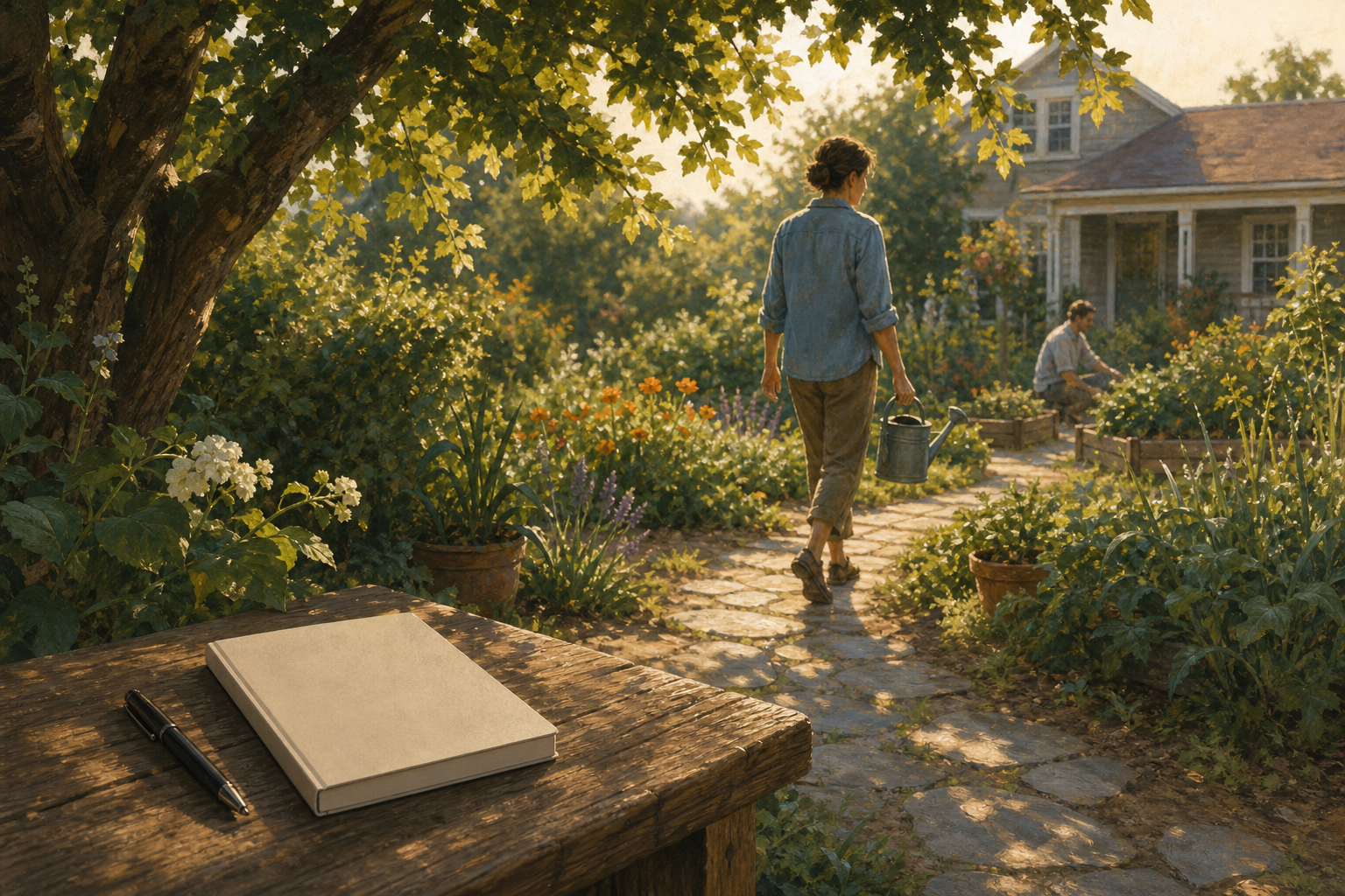 A closed notebook rests on a garden bench while an adult walks along a sunlit path carrying a watering can toward nearby plants.