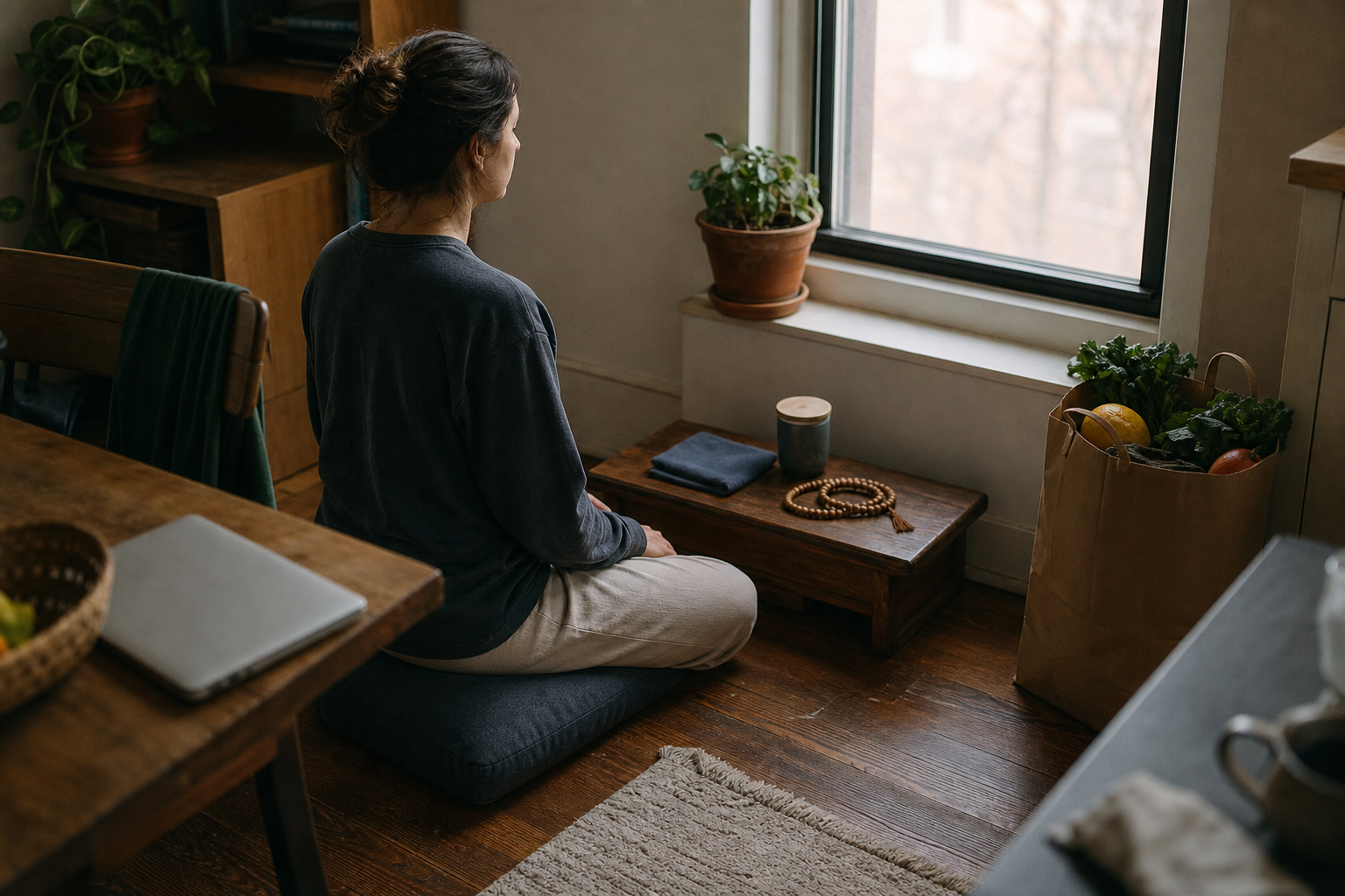 A person pauses on a cushion in a small devotional corner while groceries, a closed laptop, and household items sit nearby.