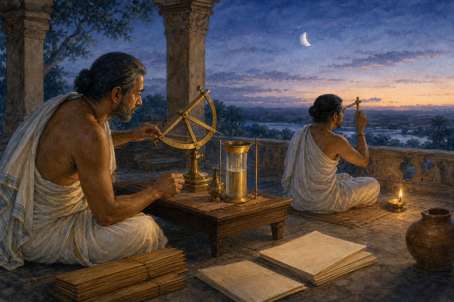 Two people verify a lunar observation with a brass instrument and water clock in an open-air study before sunrise.