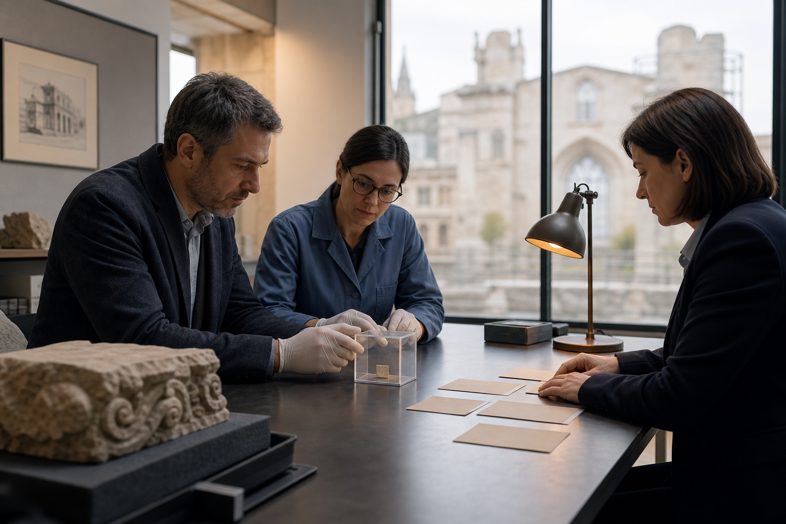 An investigator, stone conservator, and legal professional calmly review a sealed masonry fragment and photographs in a civic heritage office.