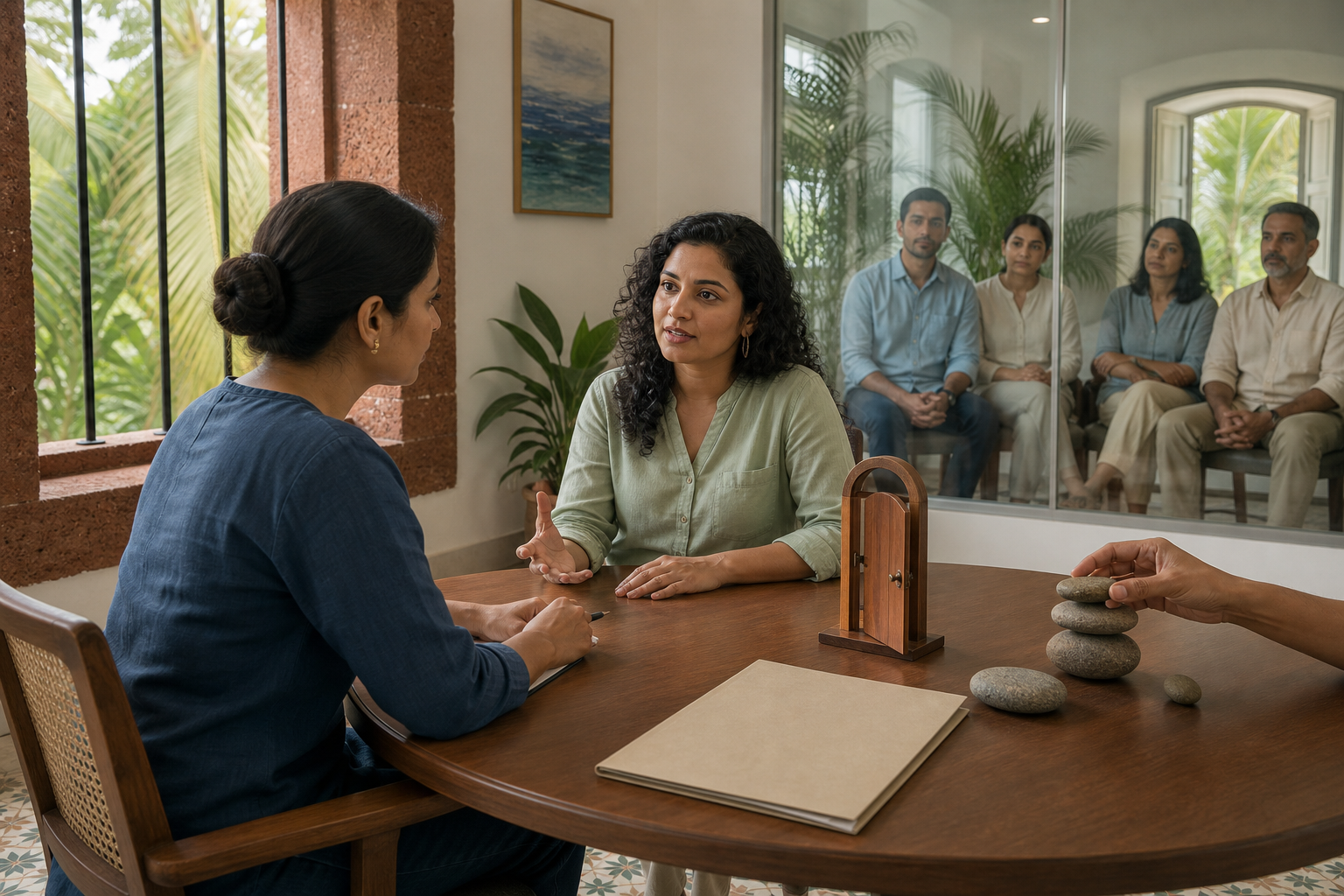 A woman speaks privately with a support professional while her partner and relatives wait separately outside a consultation room.