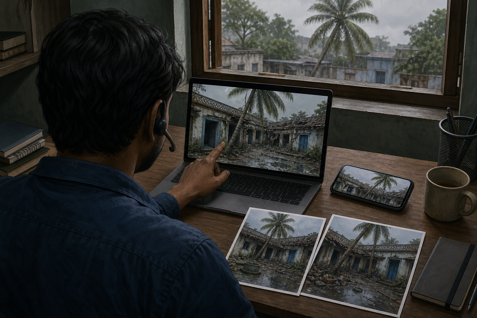 A fact-checker compares several images of the same damaged courtyard while speaking to a source by headset.