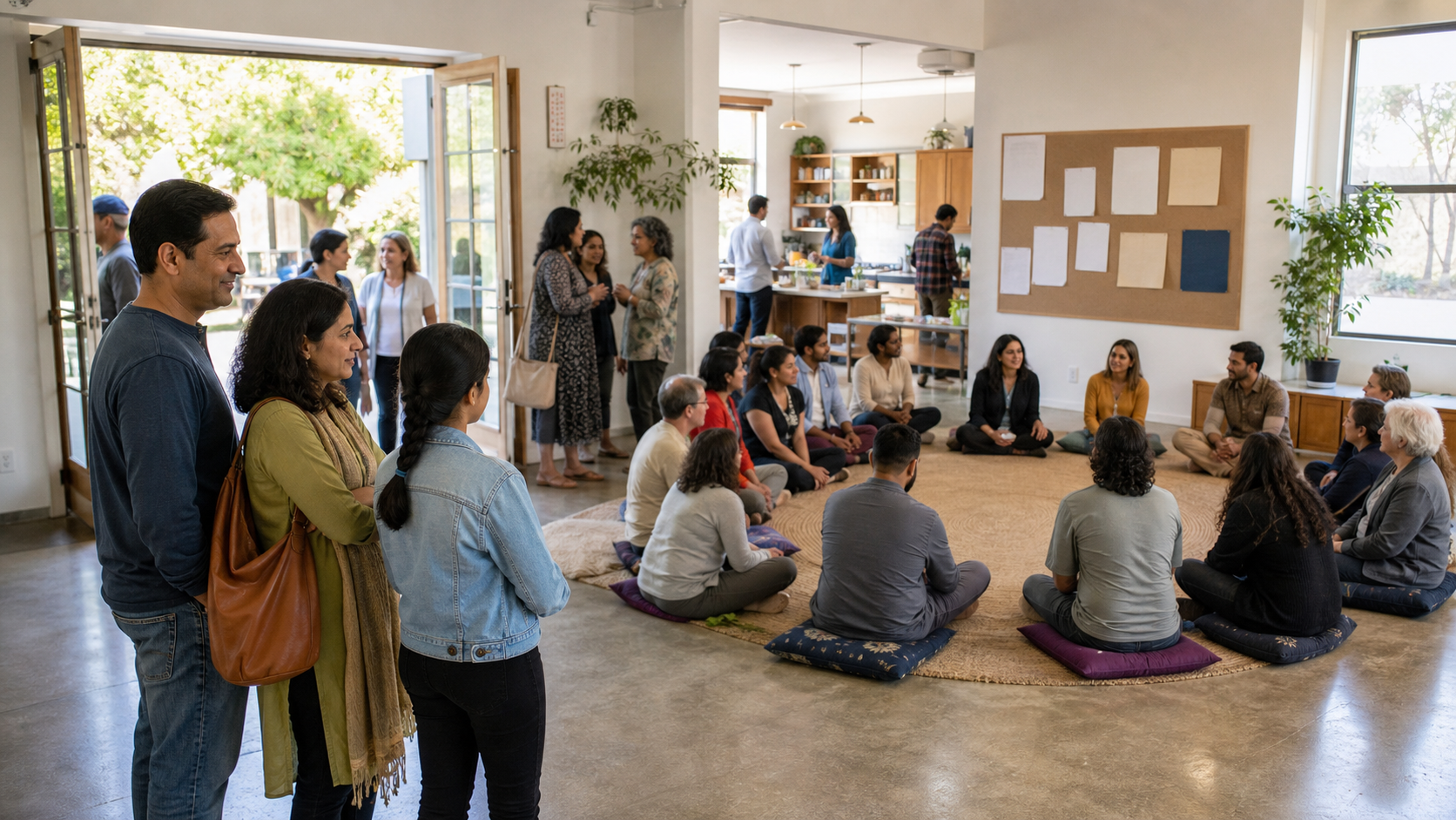 A family observes an open community gathering where participants and a facilitator sit together in a circle.