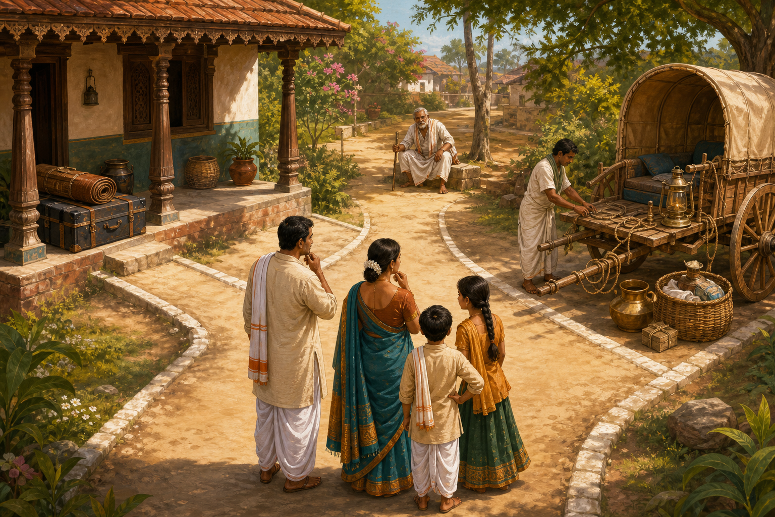 A family considers three courtyard paths representing postponement, careful preparation, and immediate aid to an elder.