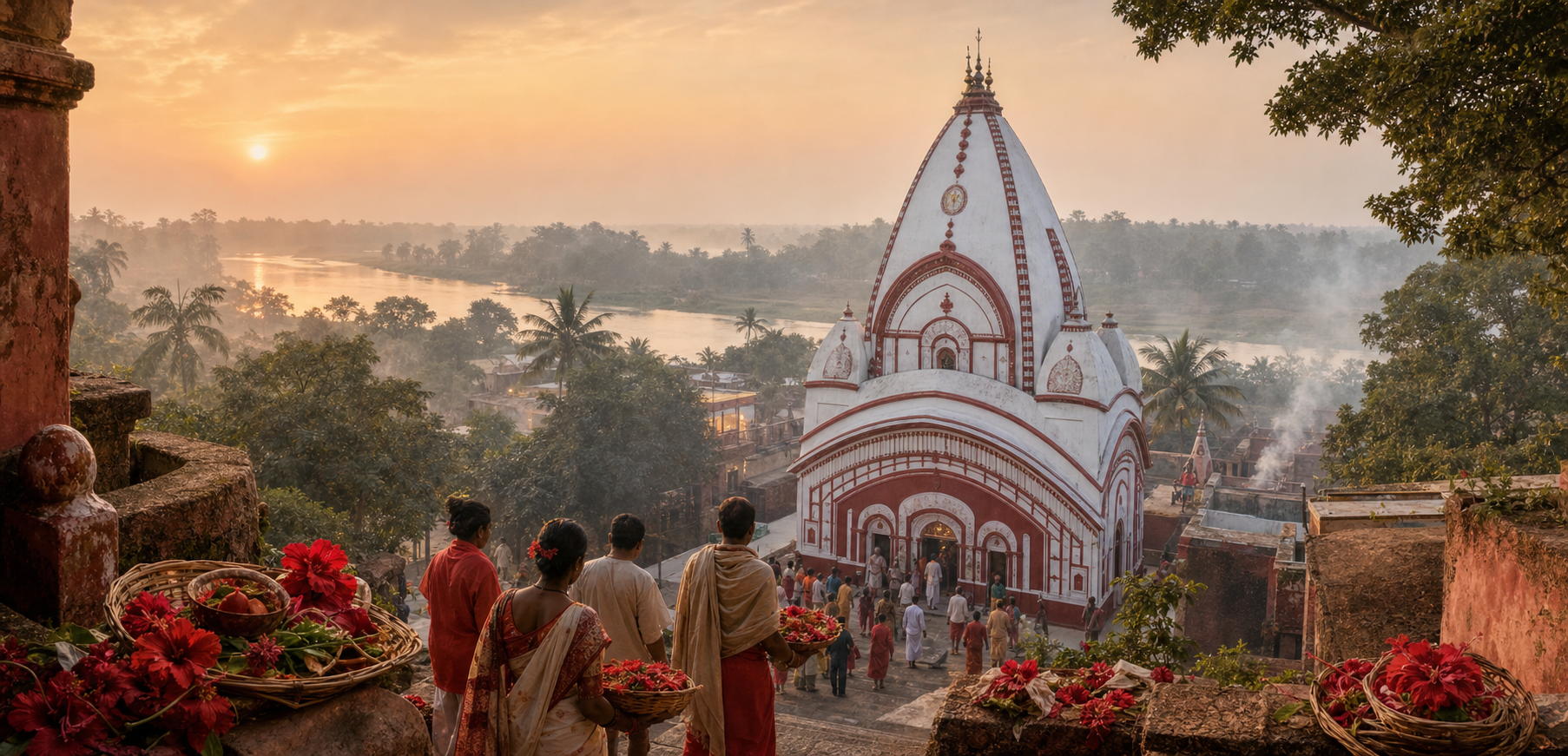 Pilgrims approach the white and red Tarapith temple at dawn, with trees and the Dwarka River landscape visible beyond.